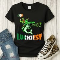 Saint Patrick's Day Funny Leprechaun Riding Shark Best Gift Women's T-Shirt thumb 3