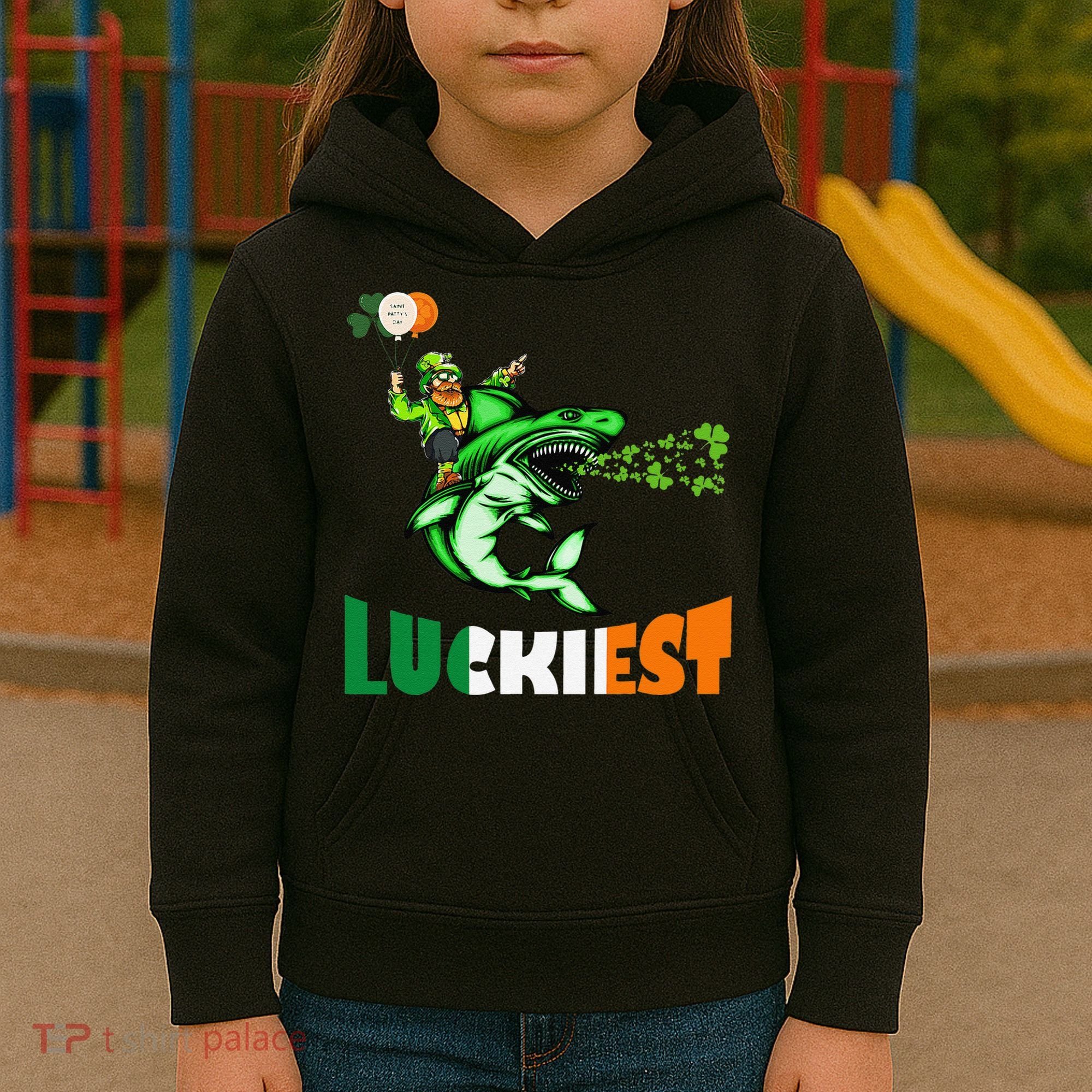 Saint Patrick's Day Funny Leprechaun Riding Shark Best Gift Kids Hoodie