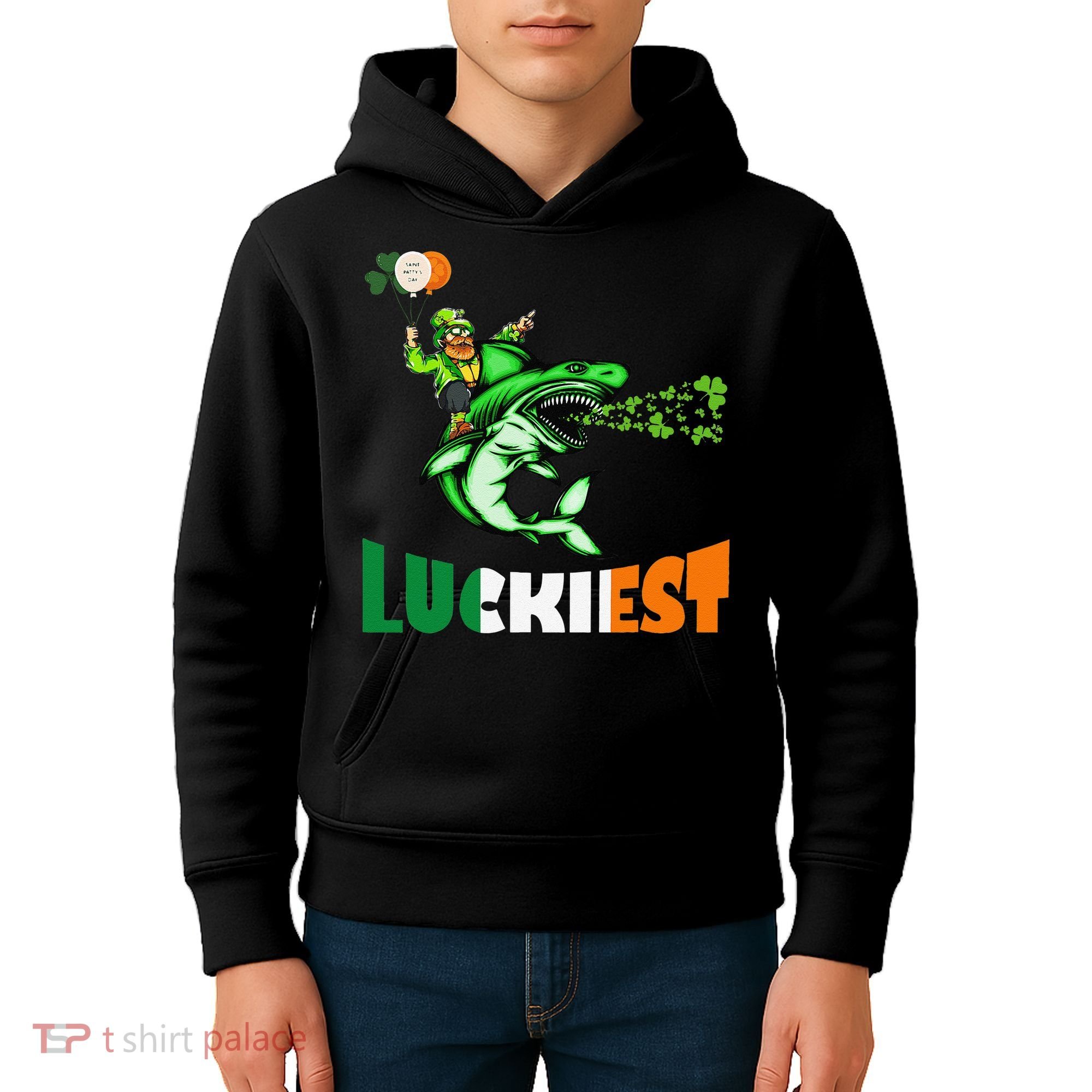 Saint Patrick's Day Funny Leprechaun Riding Shark Best Gift Kids Hoodie