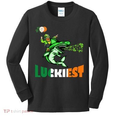 Saint Patrick's Day Funny Leprechaun Riding Shark Best Gift Kids Long Sleeve Shirt