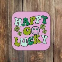 St Patricks Day Happy Go Lucky Shamrock Irish Retro Coaster thumb 0