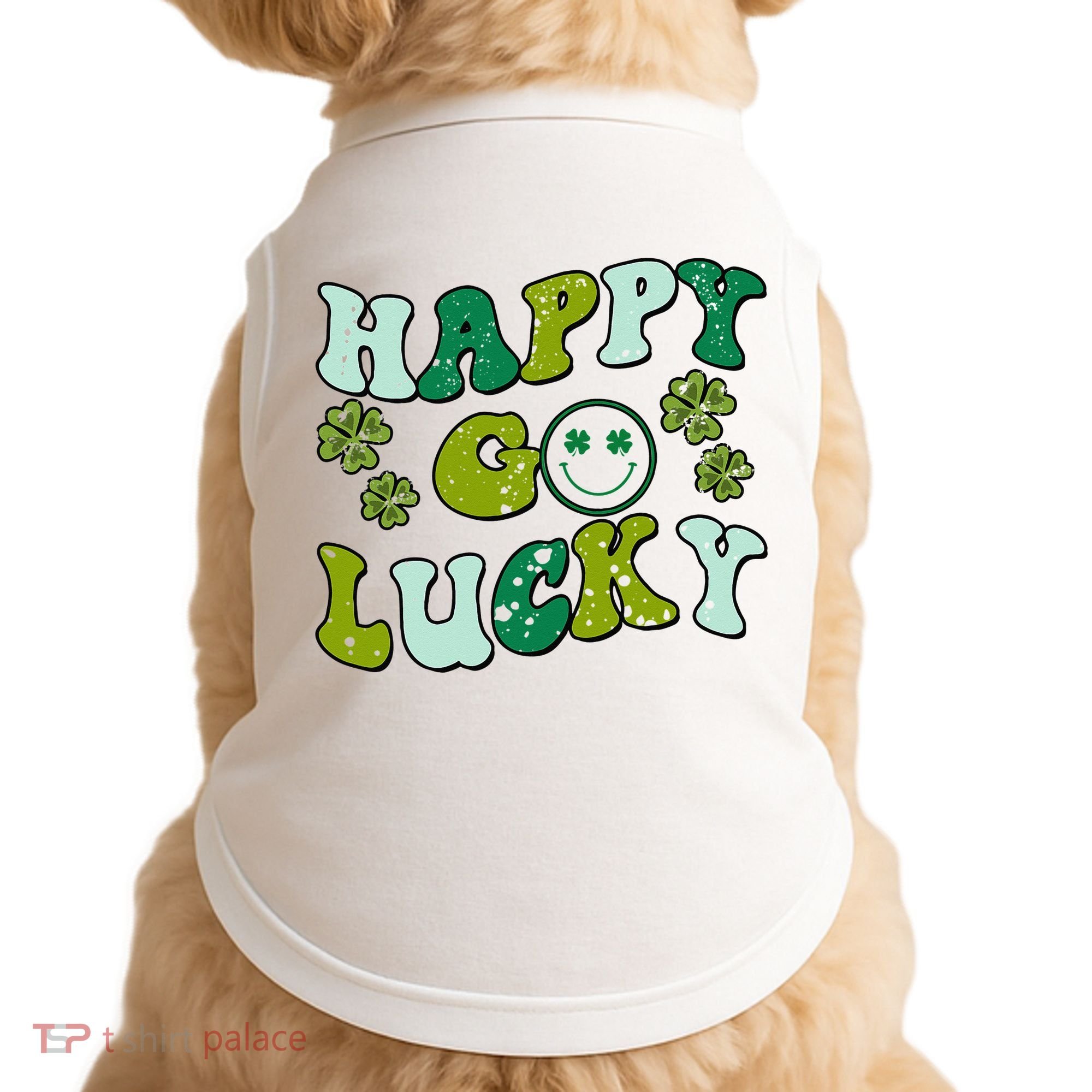 St Patricks Day Happy Go Lucky Shamrock Irish Retro Doggie Tank