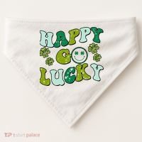 St Patricks Day Happy Go Lucky Shamrock Irish Retro USA-Made Doggie Bandana thumb 0