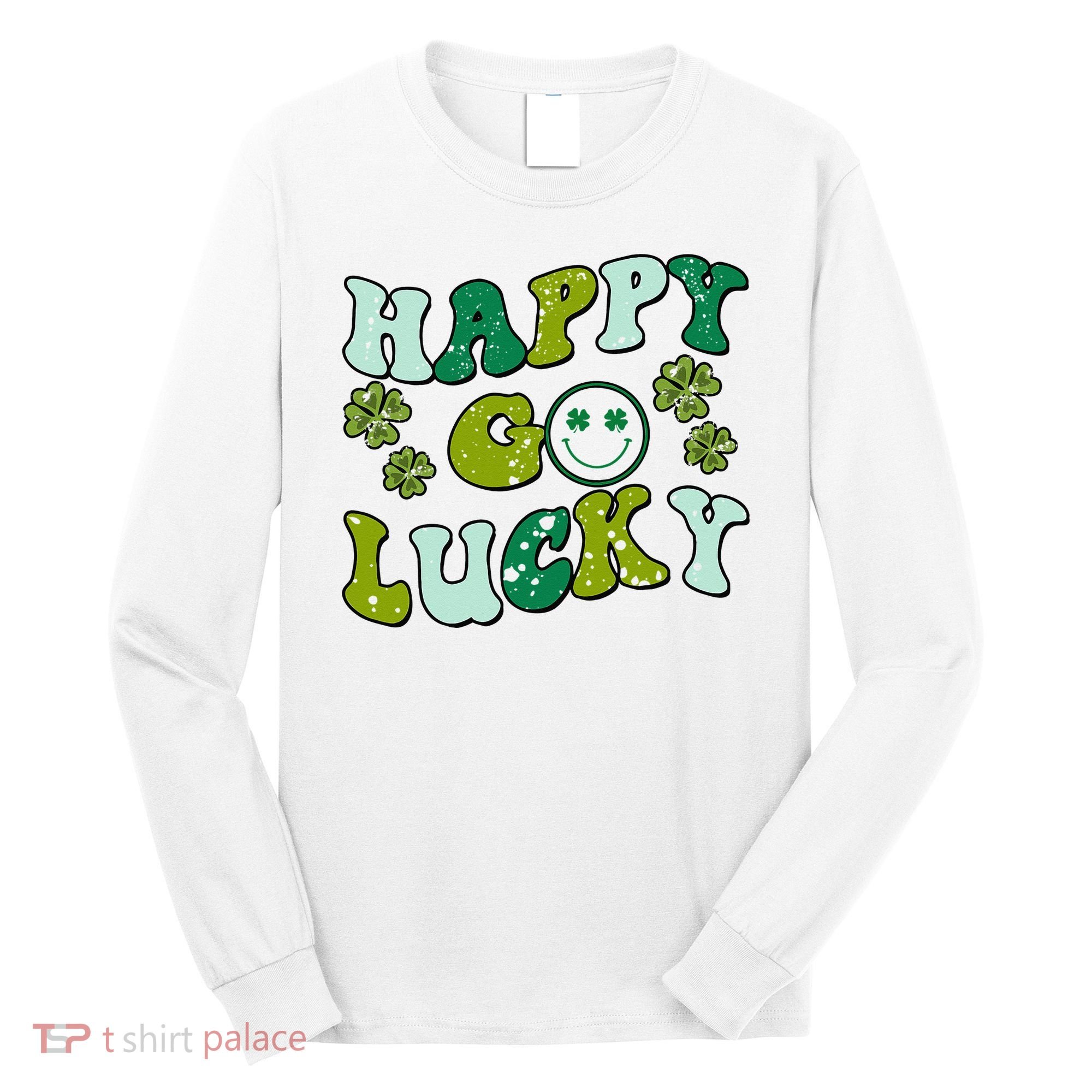 St Patricks Day Happy Go Lucky Shamrock Irish Retro Long Sleeve Shirt