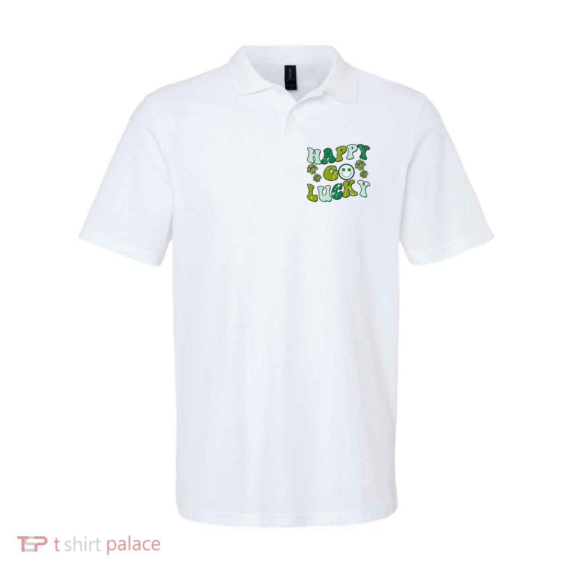 St Patricks Day Happy Go Lucky Shamrock Irish Retro Polo
