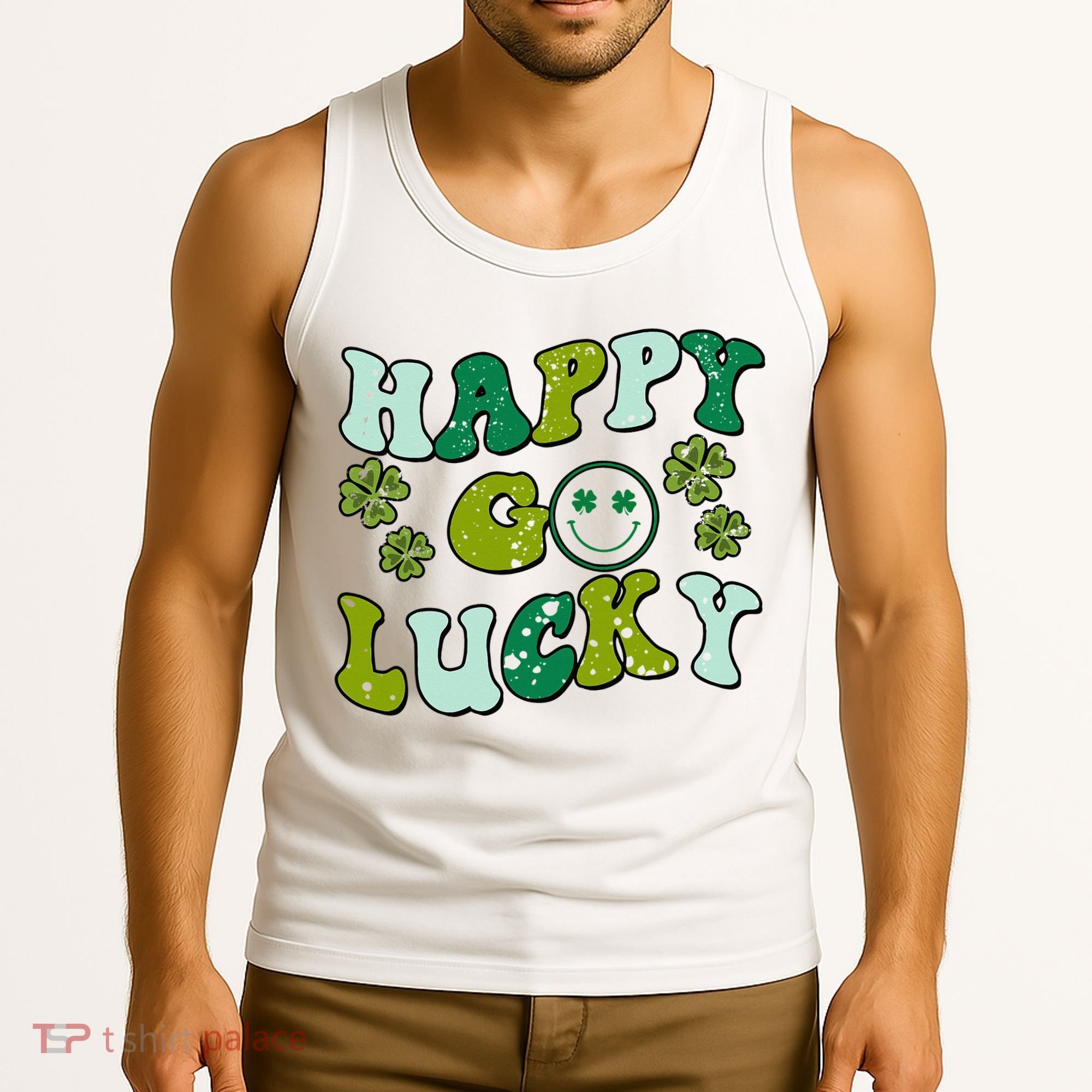 St Patricks Day Happy Go Lucky Shamrock Irish Retro Tank Top