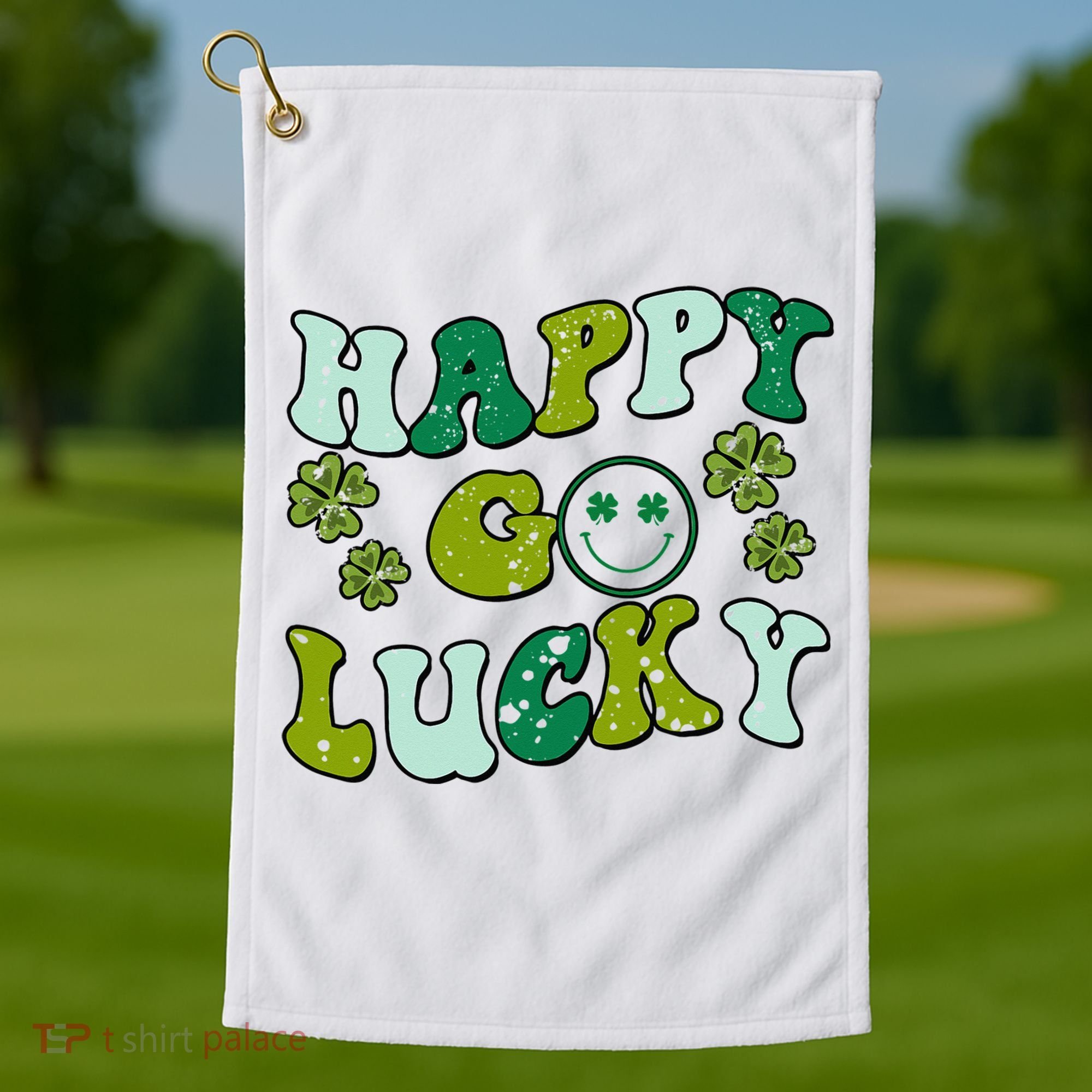 St Patricks Day Happy Go Lucky Shamrock Irish Retro Golf Towel