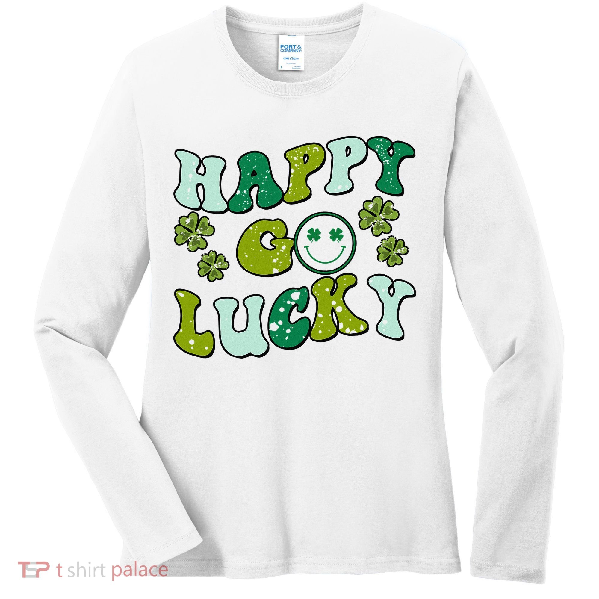 St Patricks Day Happy Go Lucky Shamrock Irish Retro Women's Long Sleeve Shirt