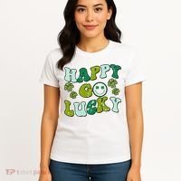 St Patricks Day Happy Go Lucky Shamrock Irish Retro Women's T-Shirt thumb 4