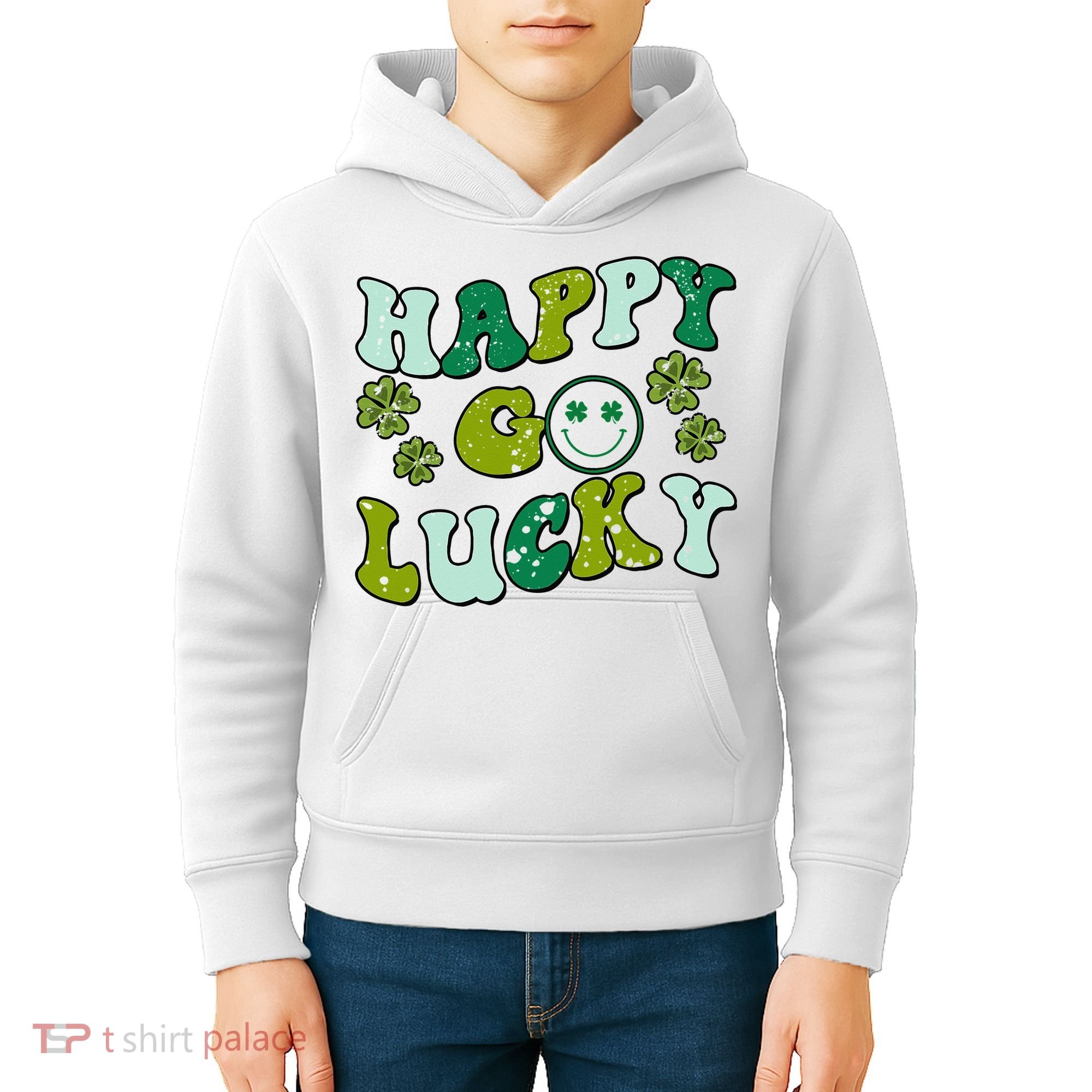 St Patricks Day Happy Go Lucky Shamrock Irish Retro Kids Hoodie