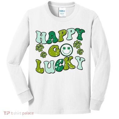 St Patricks Day Happy Go Lucky Shamrock Irish Retro Kids Long Sleeve Shirt