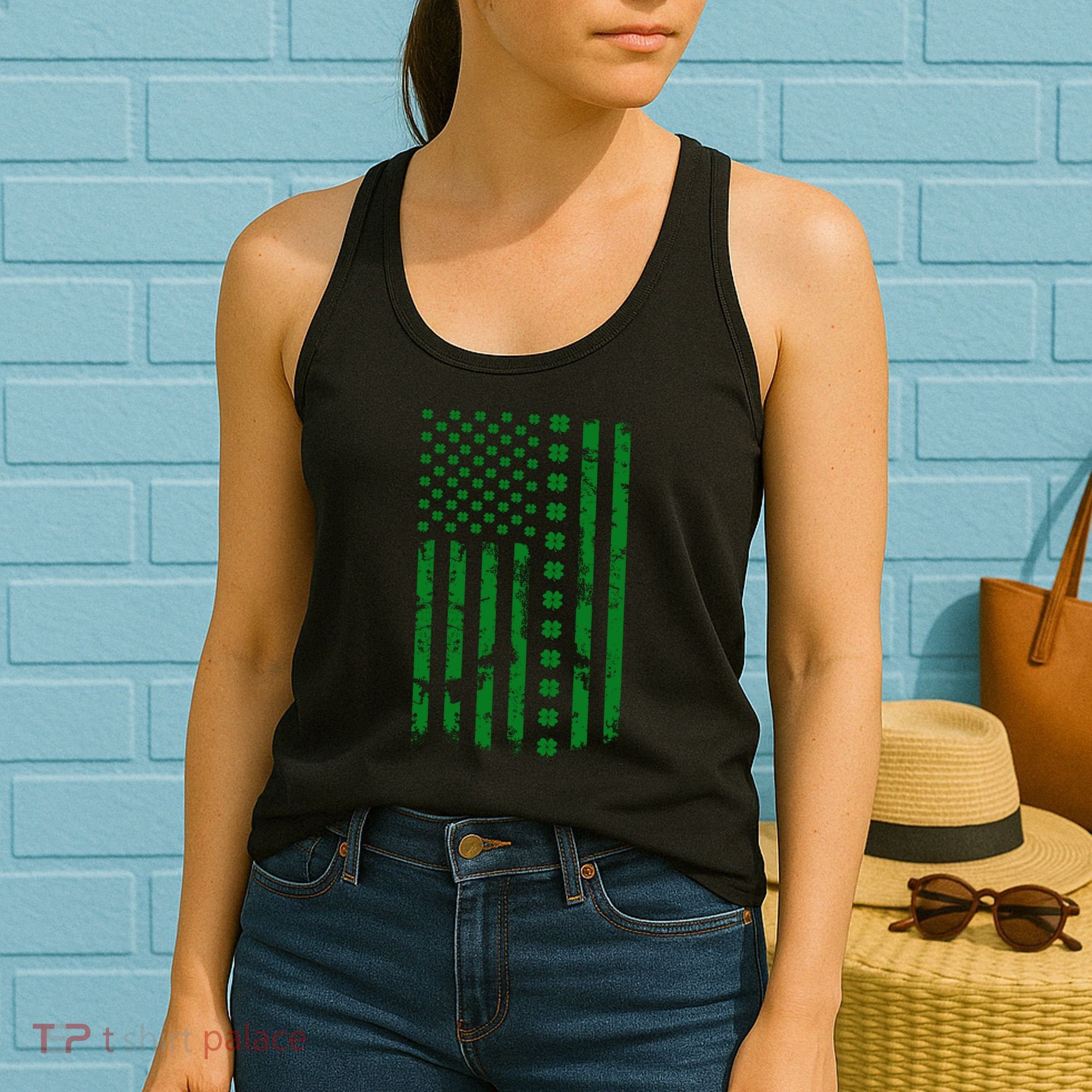 St Patrick's Day Distressed American Flag Shamrock Women's Tank Top