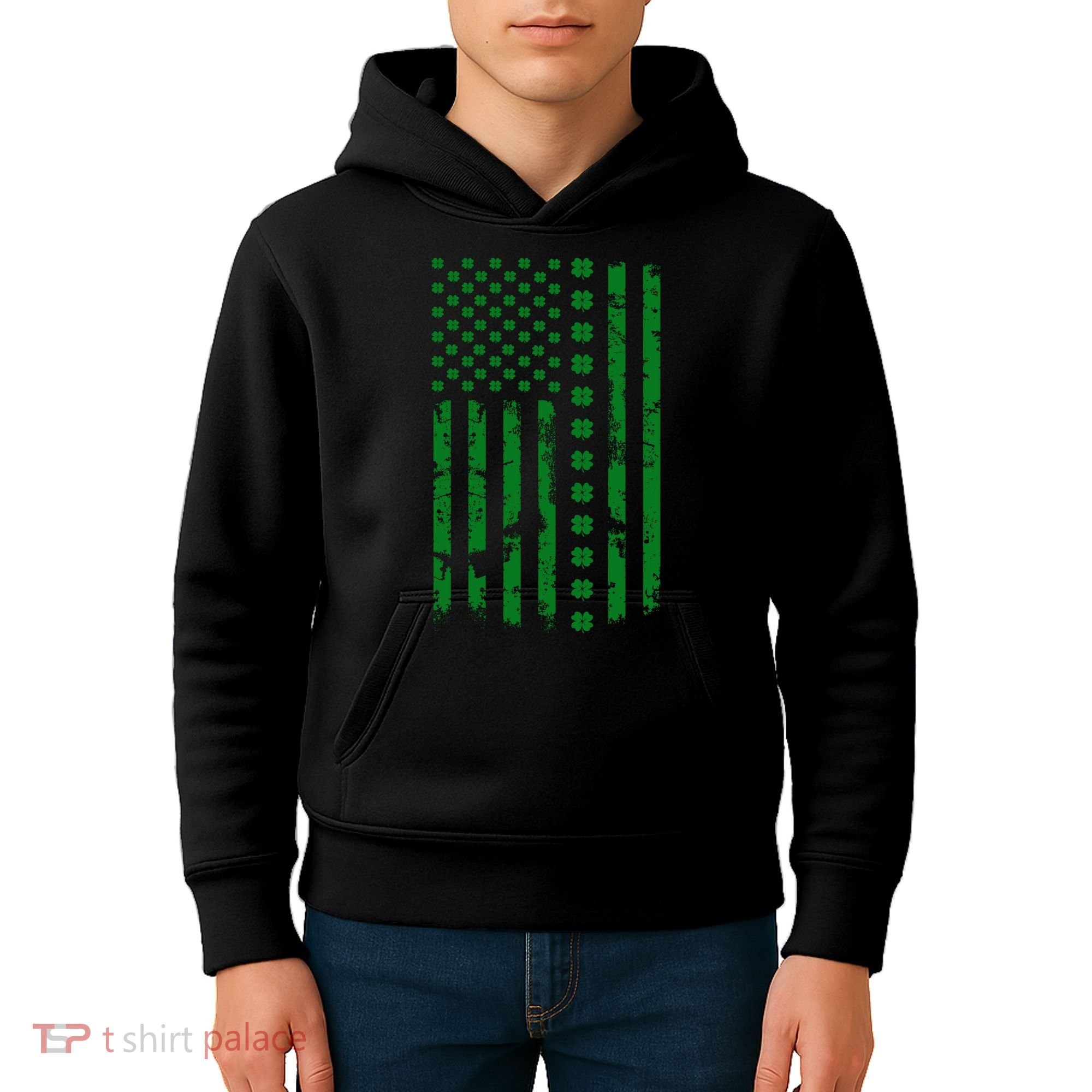St Patrick's Day Distressed American Flag Shamrock Kids Hoodie