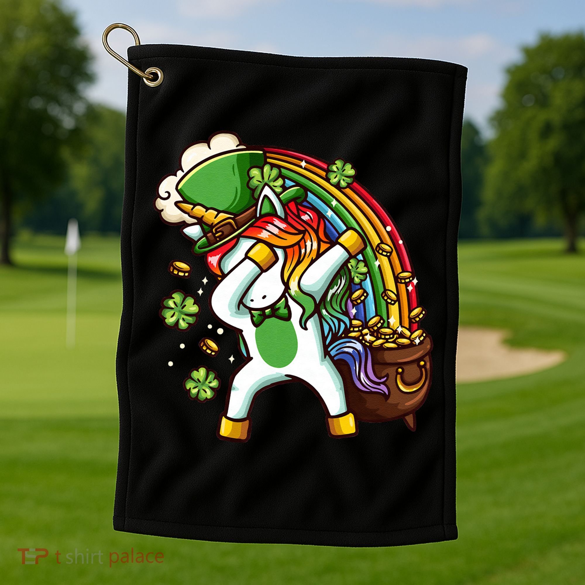 St Patricks Day Dabbing Unicorn Golf Towel