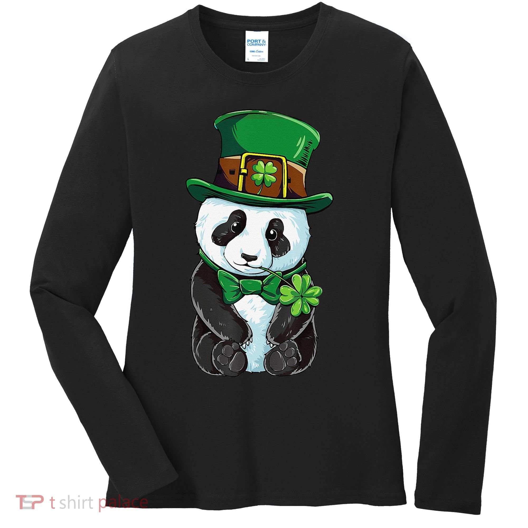 St Patricks Day Leprechaun Panda Cute Irish Shamrock Women's Long Sleeve Shirt
