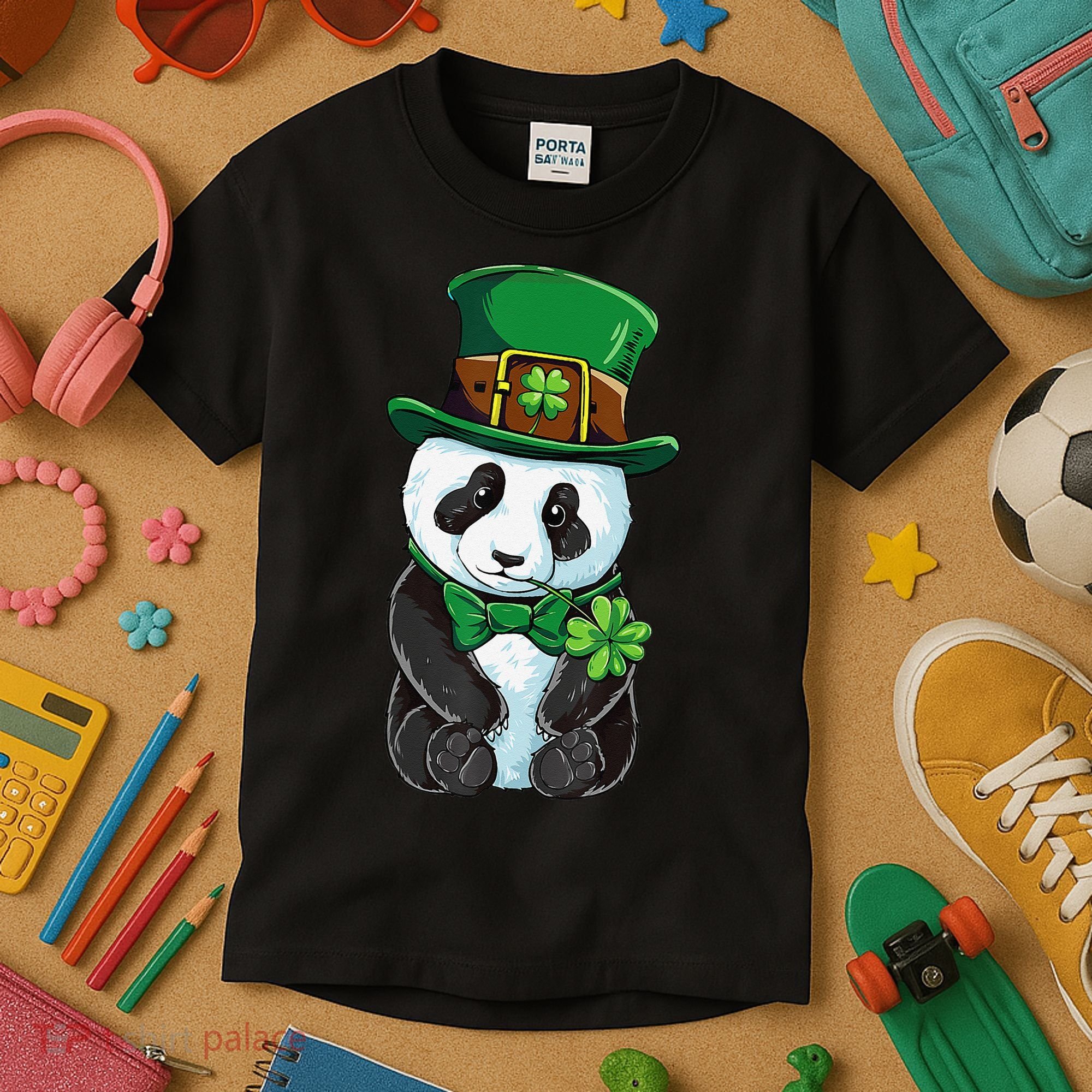 St Patricks Day Leprechaun Panda Cute Irish Shamrock Kids T-Shirt