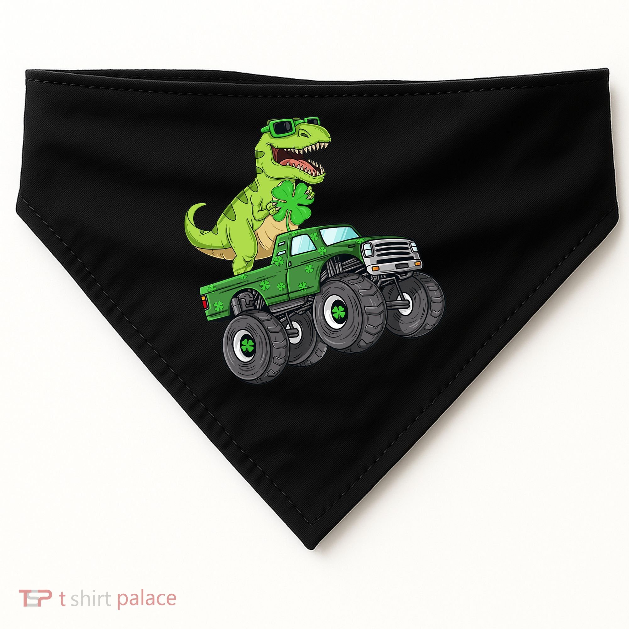 St Patricks Day T Rex Riding Monster Truck Dino USA-Made Doggie Bandana