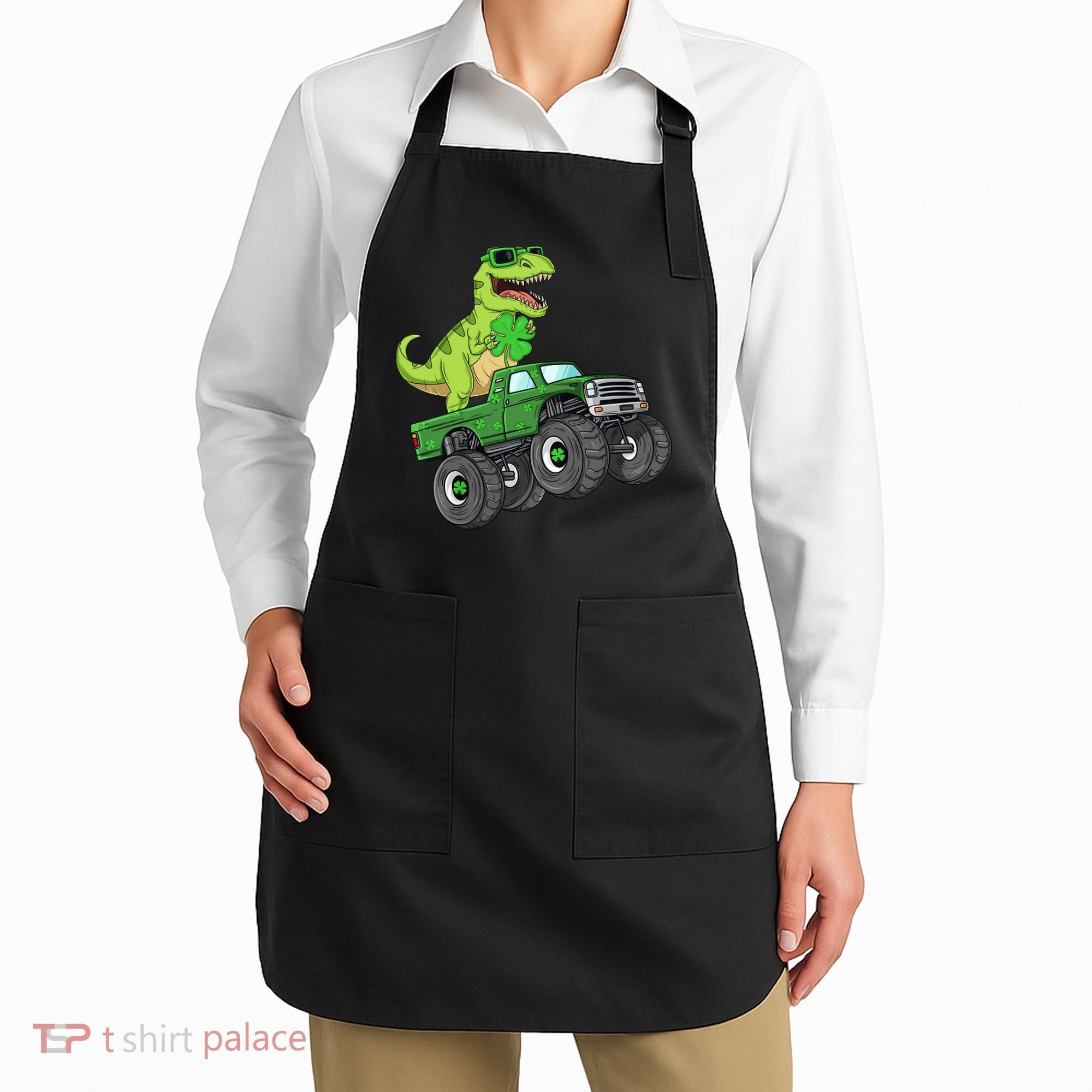 St Patricks Day T Rex Riding Monster Truck Dino Apron