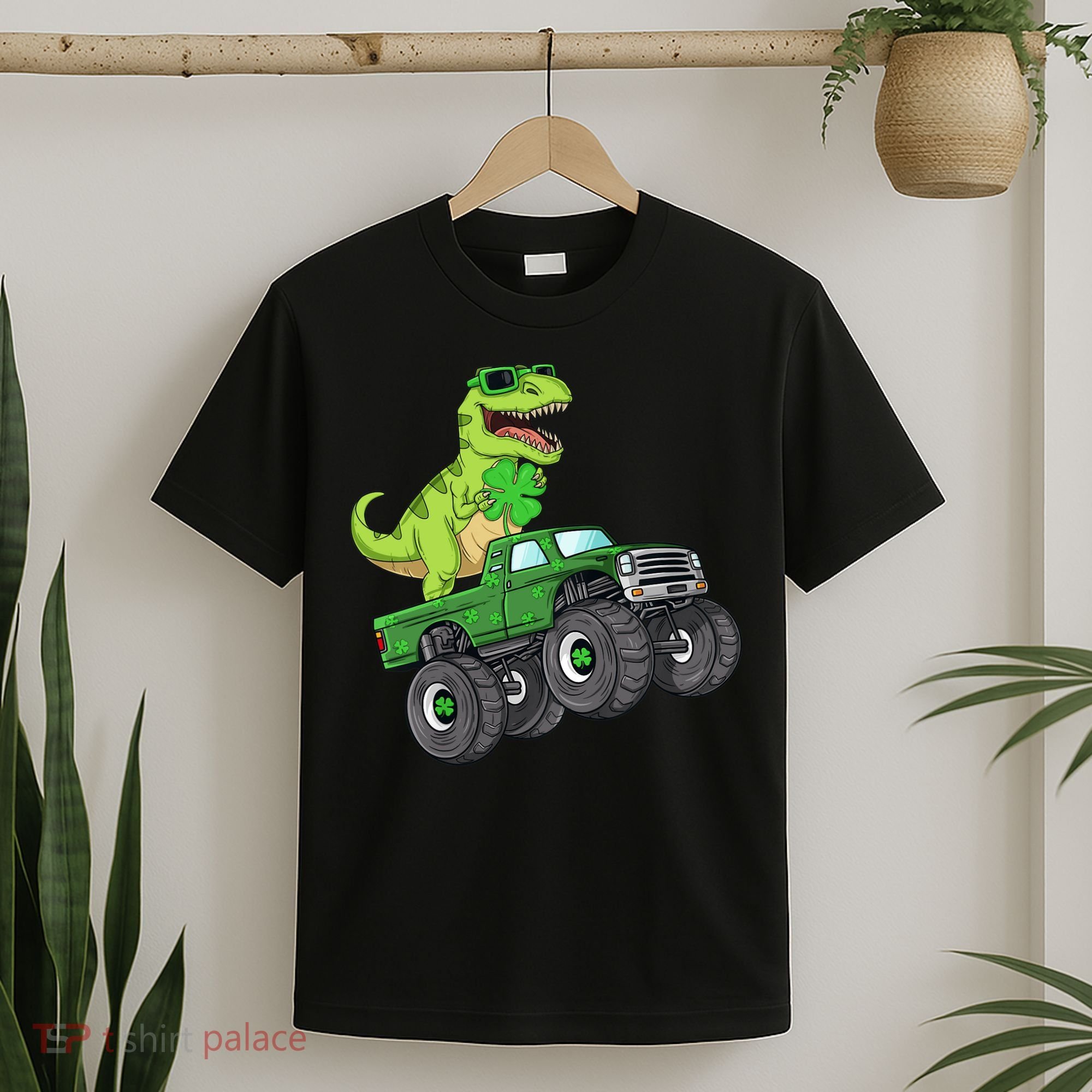 St Patricks Day T Rex Riding Monster Truck Dino T-Shirt