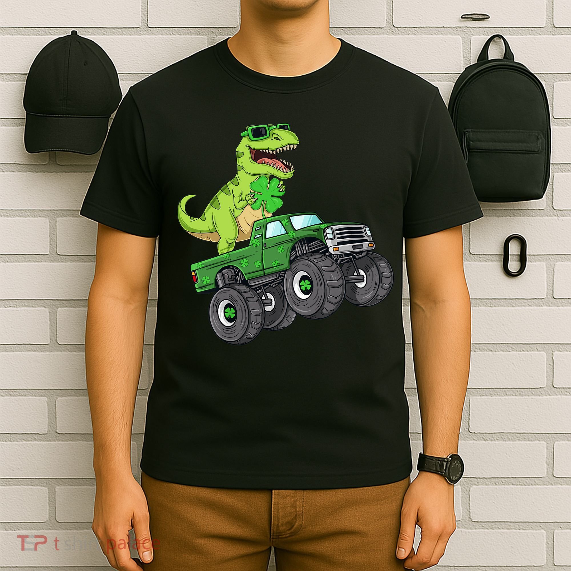 St Patricks Day T Rex Riding Monster Truck Dino T-Shirt