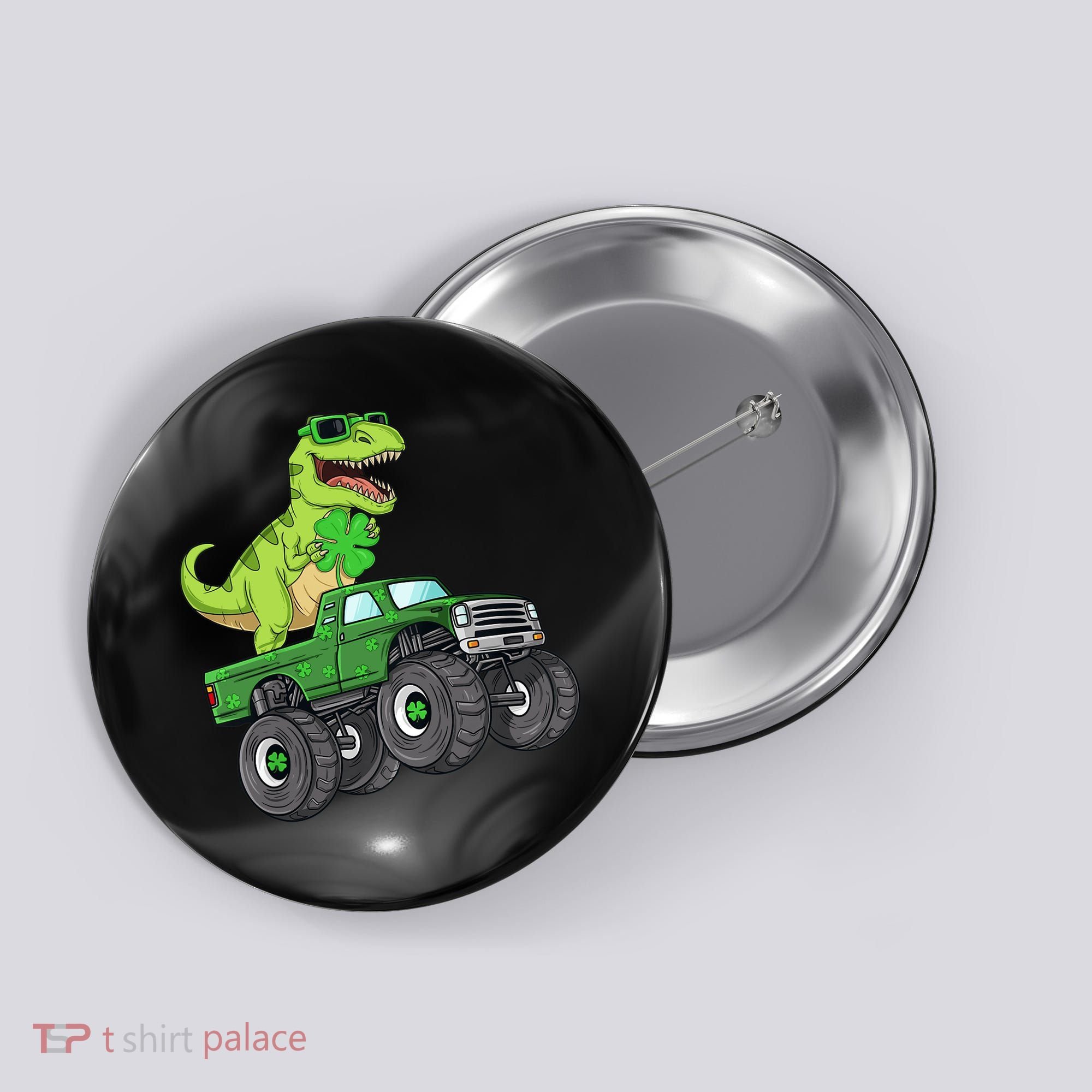 St Patricks Day T Rex Riding Monster Truck Dino Button