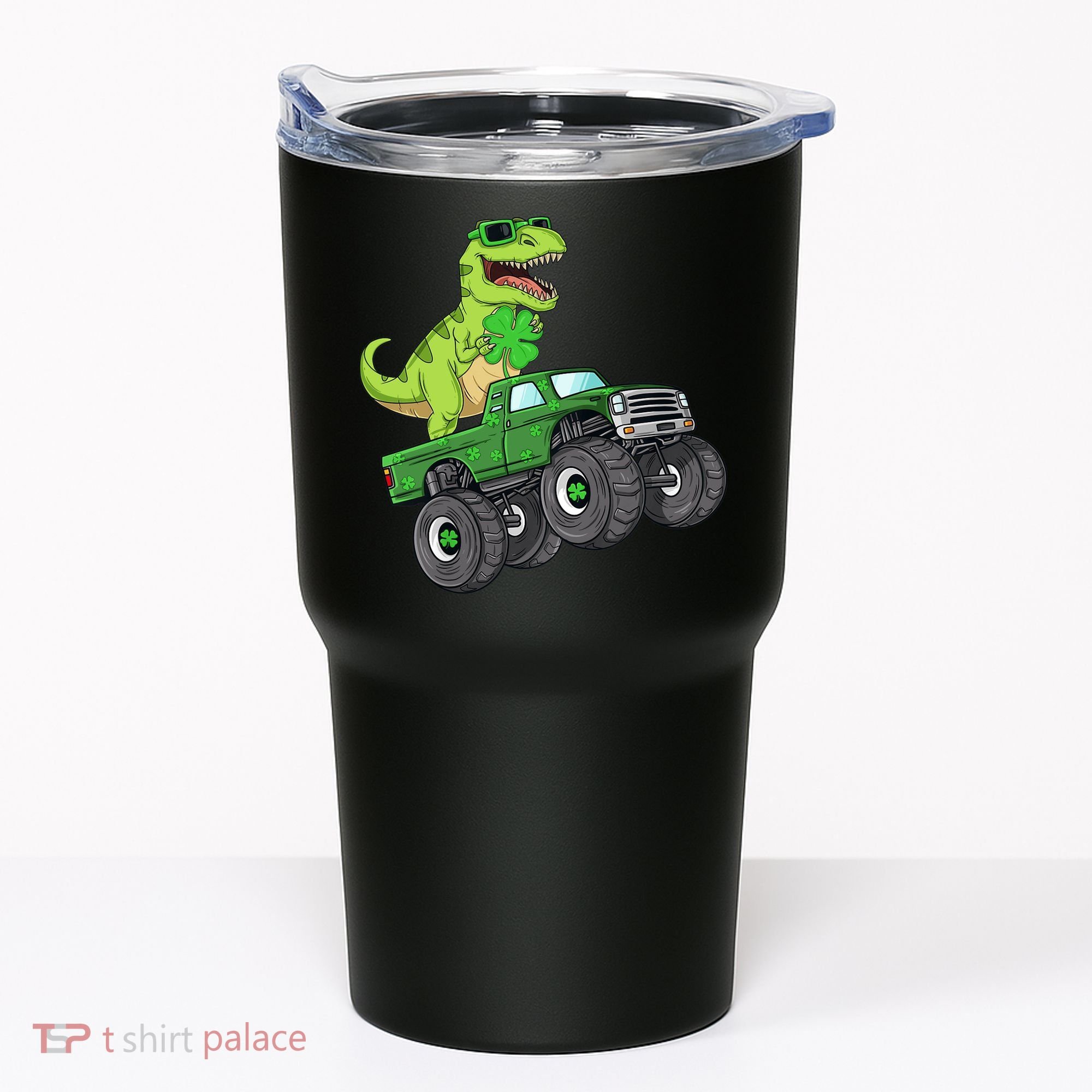St Patricks Day T Rex Riding Monster Truck Dino Tumbler