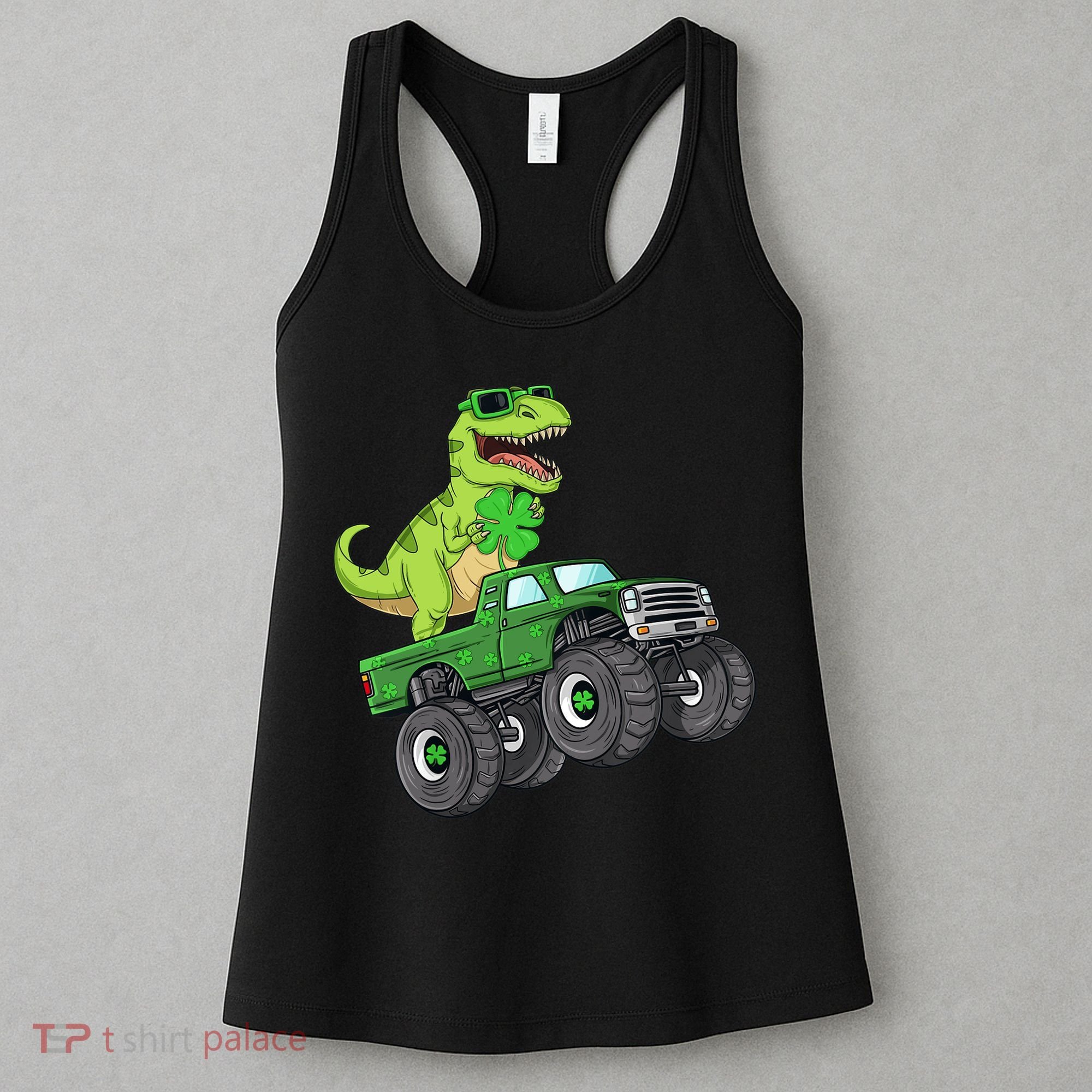 St Patricks Day T Rex Riding Monster Truck Dino Women's Tank Top