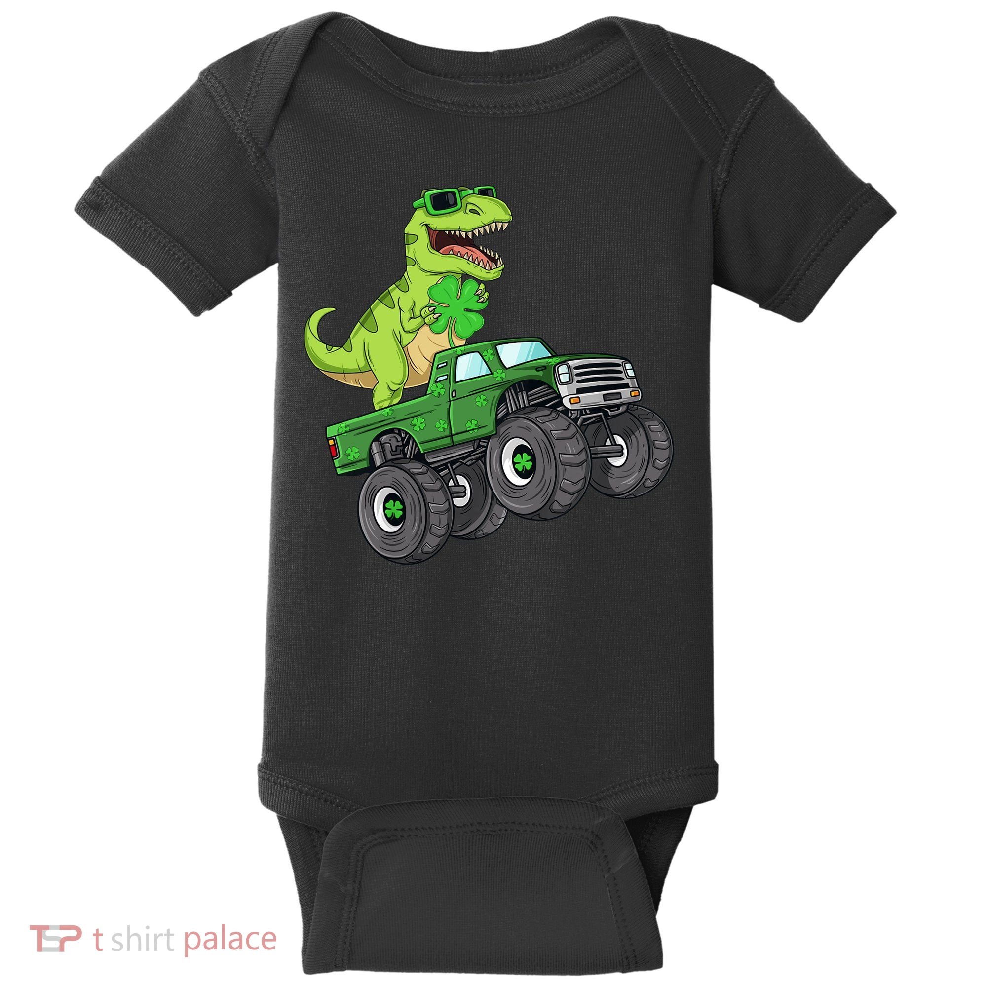 St Patricks Day T Rex Riding Monster Truck Dino Baby Bodysuit