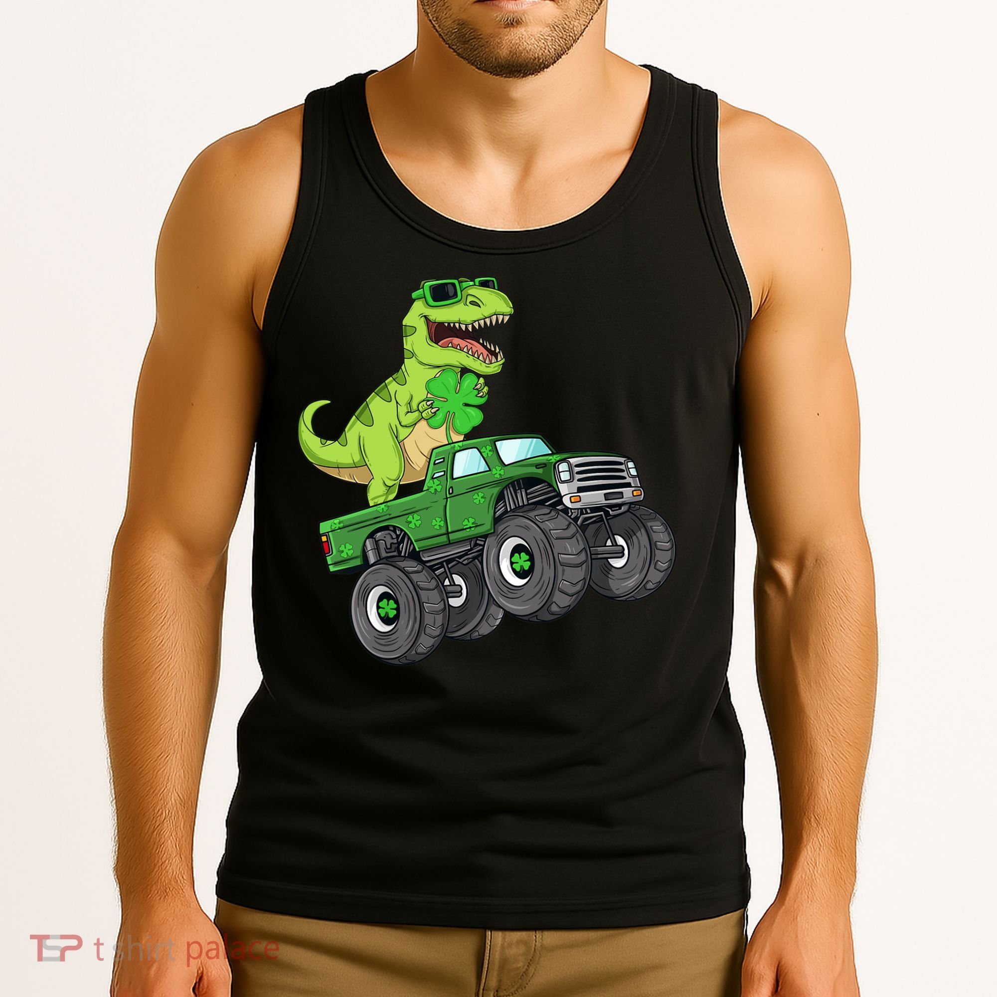 St Patricks Day T Rex Riding Monster Truck Dino Tank Top