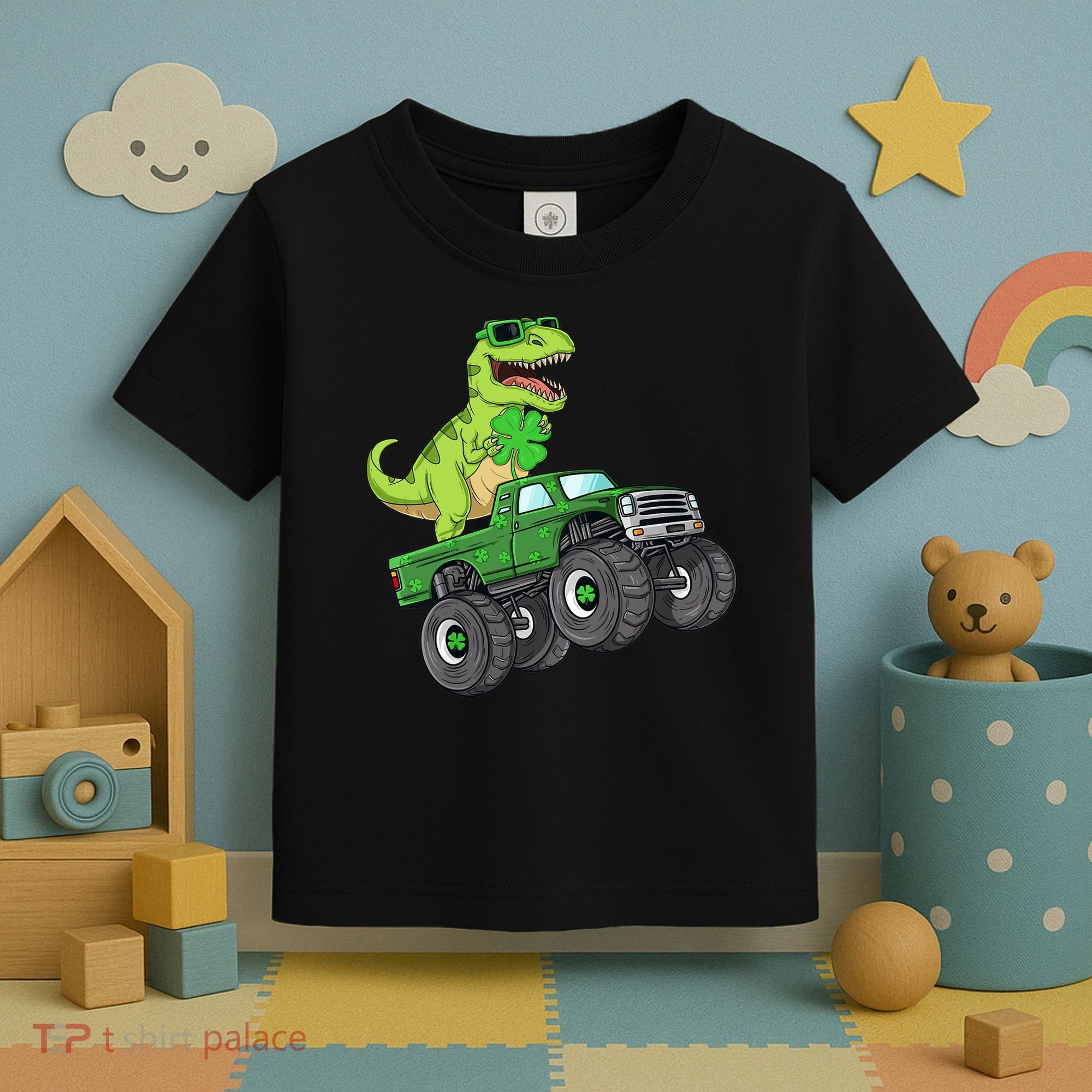 St Patricks Day T Rex Riding Monster Truck Dino Toddler T-Shirt