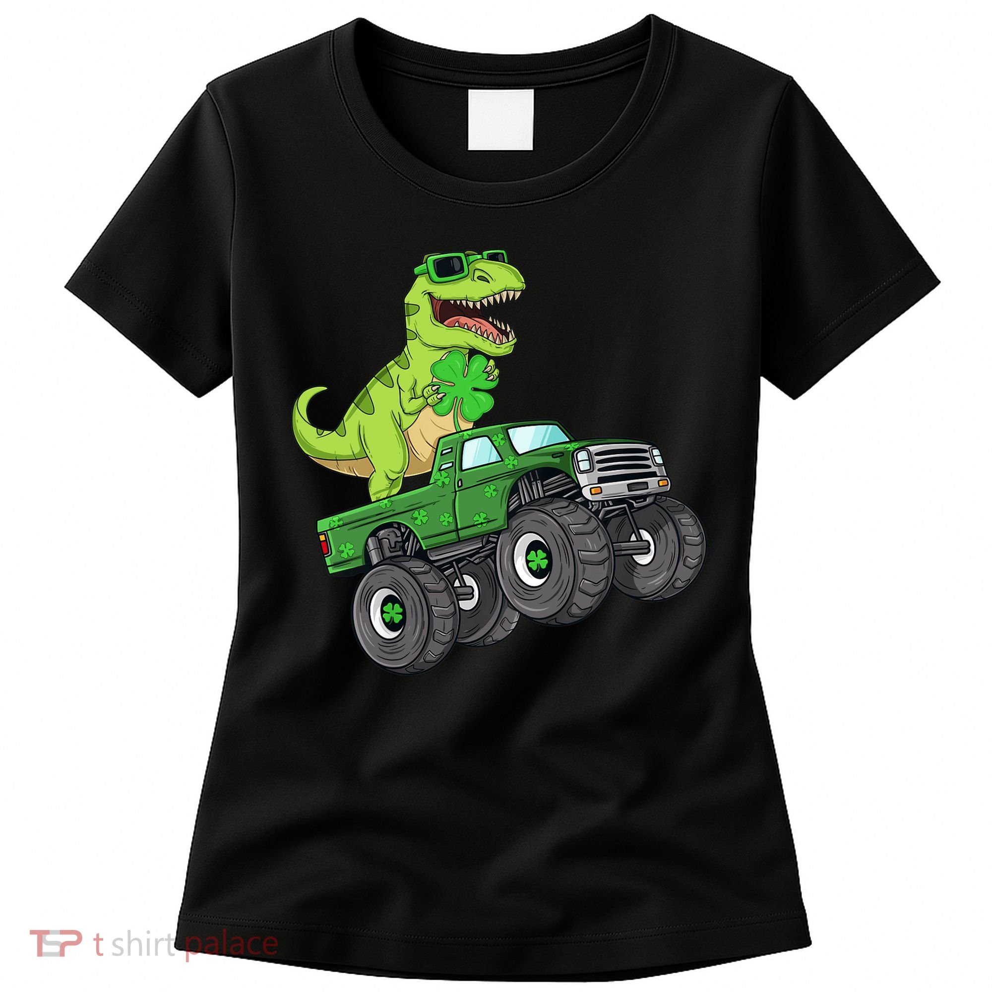 St Patricks Day T Rex Riding Monster Truck Dino Women's T-Shirt