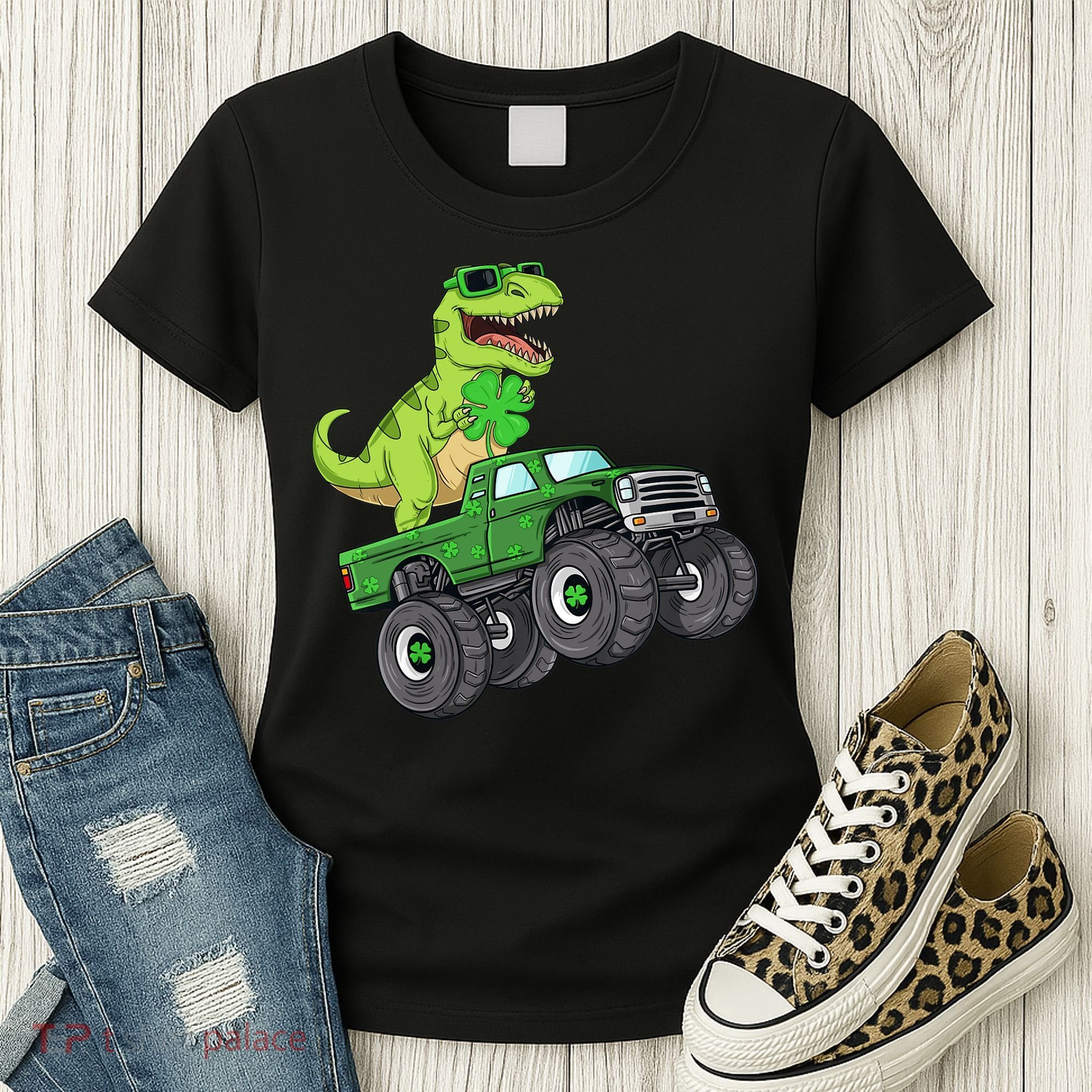 St Patricks Day T Rex Riding Monster Truck Dino Women's T-Shirt