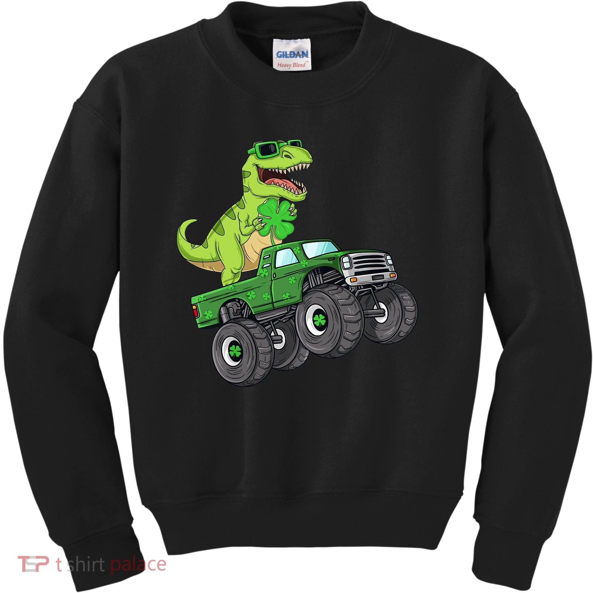 St Patricks Day T Rex Riding Monster Truck Dino Kids Sweatshirt