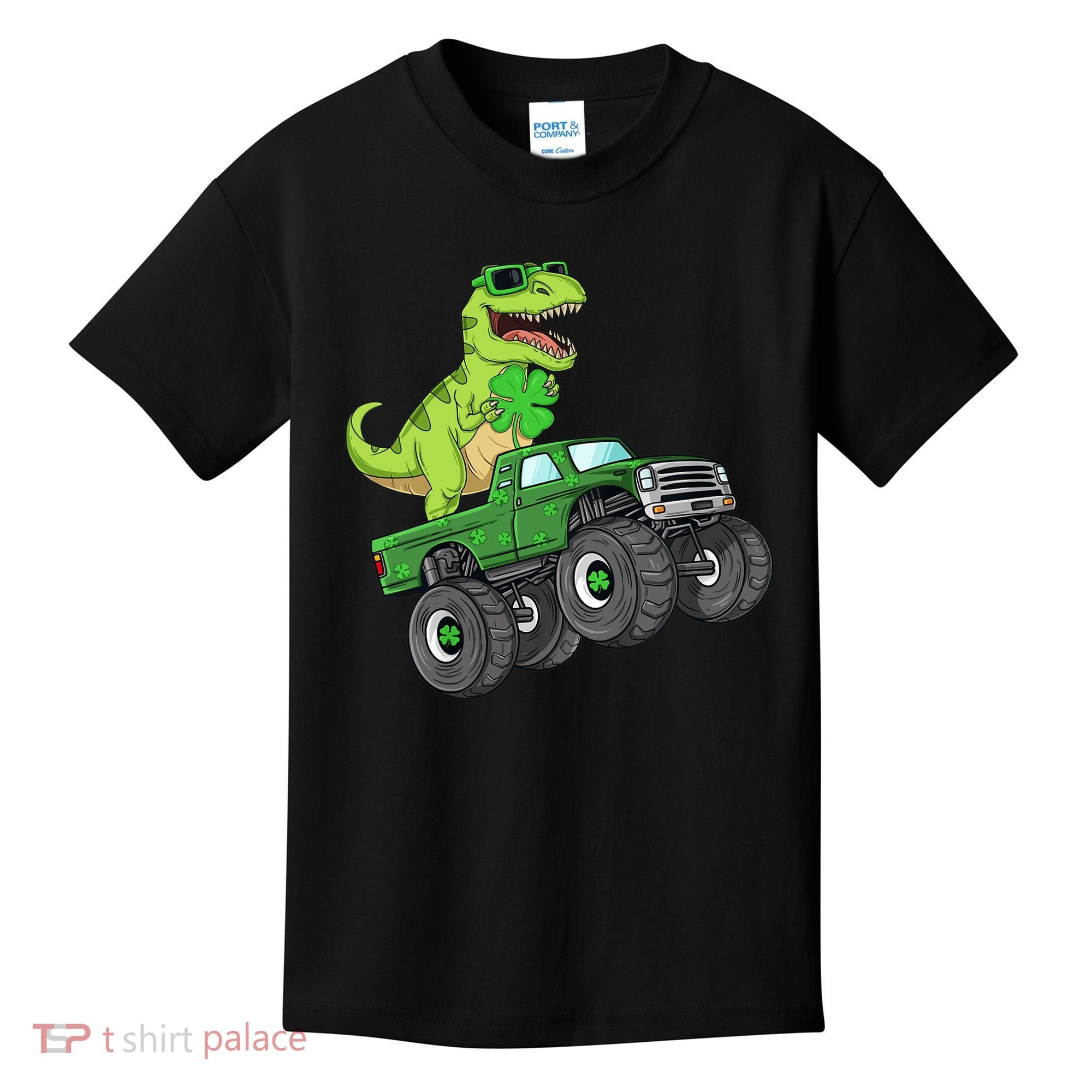 St Patricks Day T Rex Riding Monster Truck Dino Kids T-Shirt