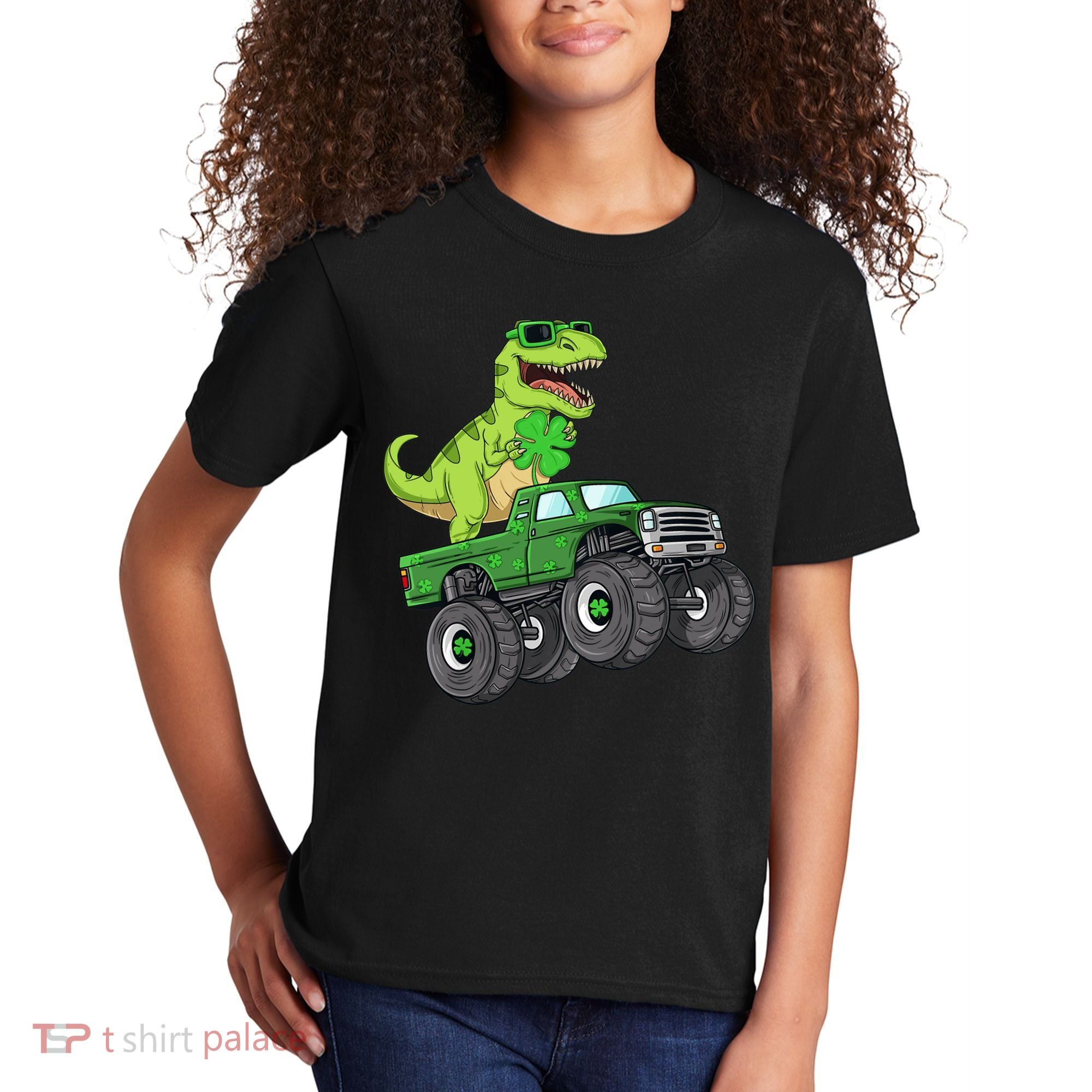 St Patricks Day T Rex Riding Monster Truck Dino Kids T-Shirt