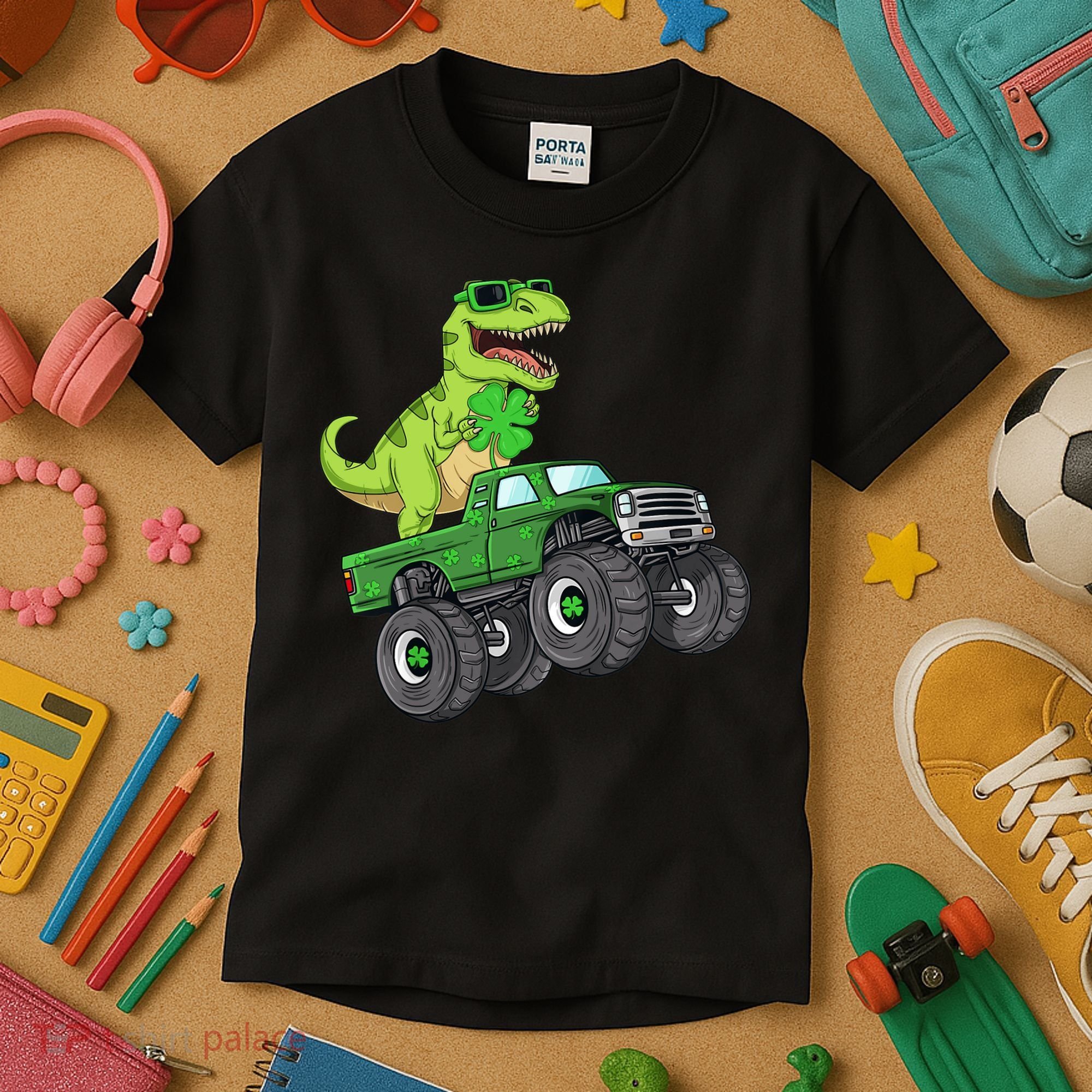 St Patricks Day T Rex Riding Monster Truck Dino Kids T-Shirt