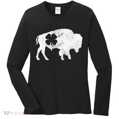 St Patrick's Day Green Shamrock Buffalo Bison Irish Saint Funny Women's Long Sleeve Shirt