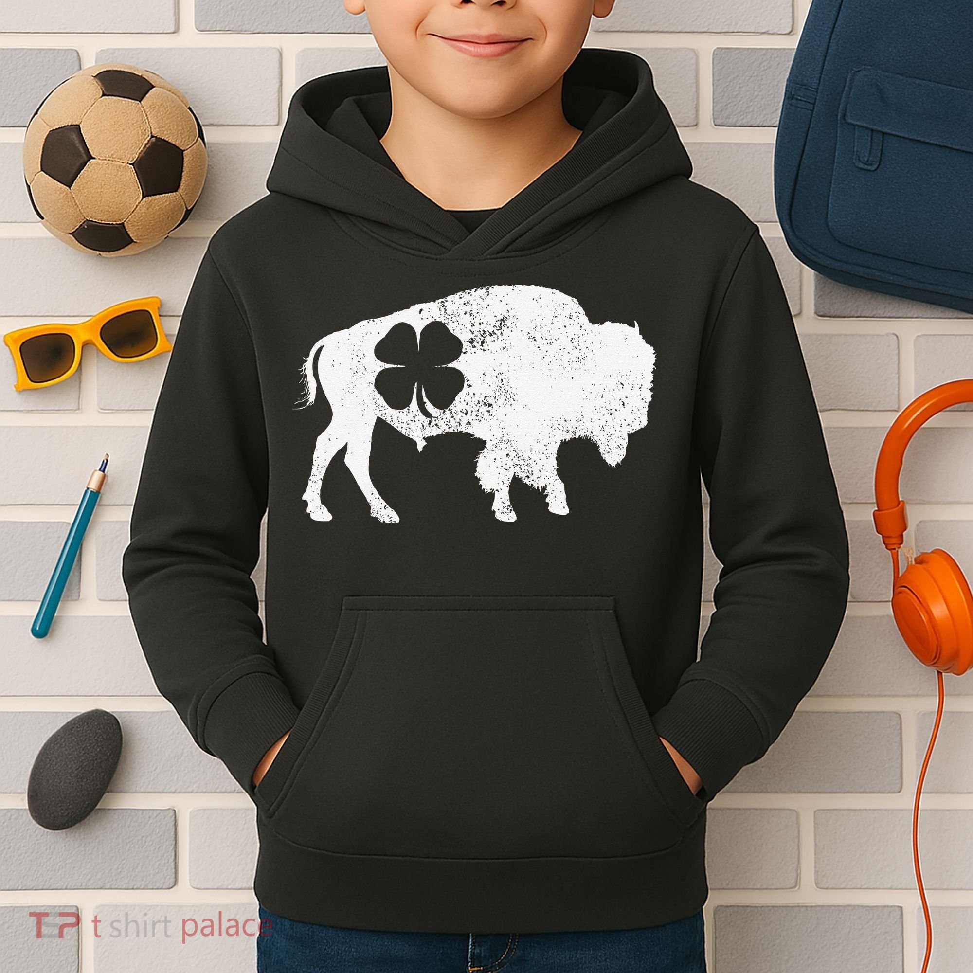 St Patrick's Day Green Shamrock Buffalo Bison Irish Saint Funny Kids Hoodie