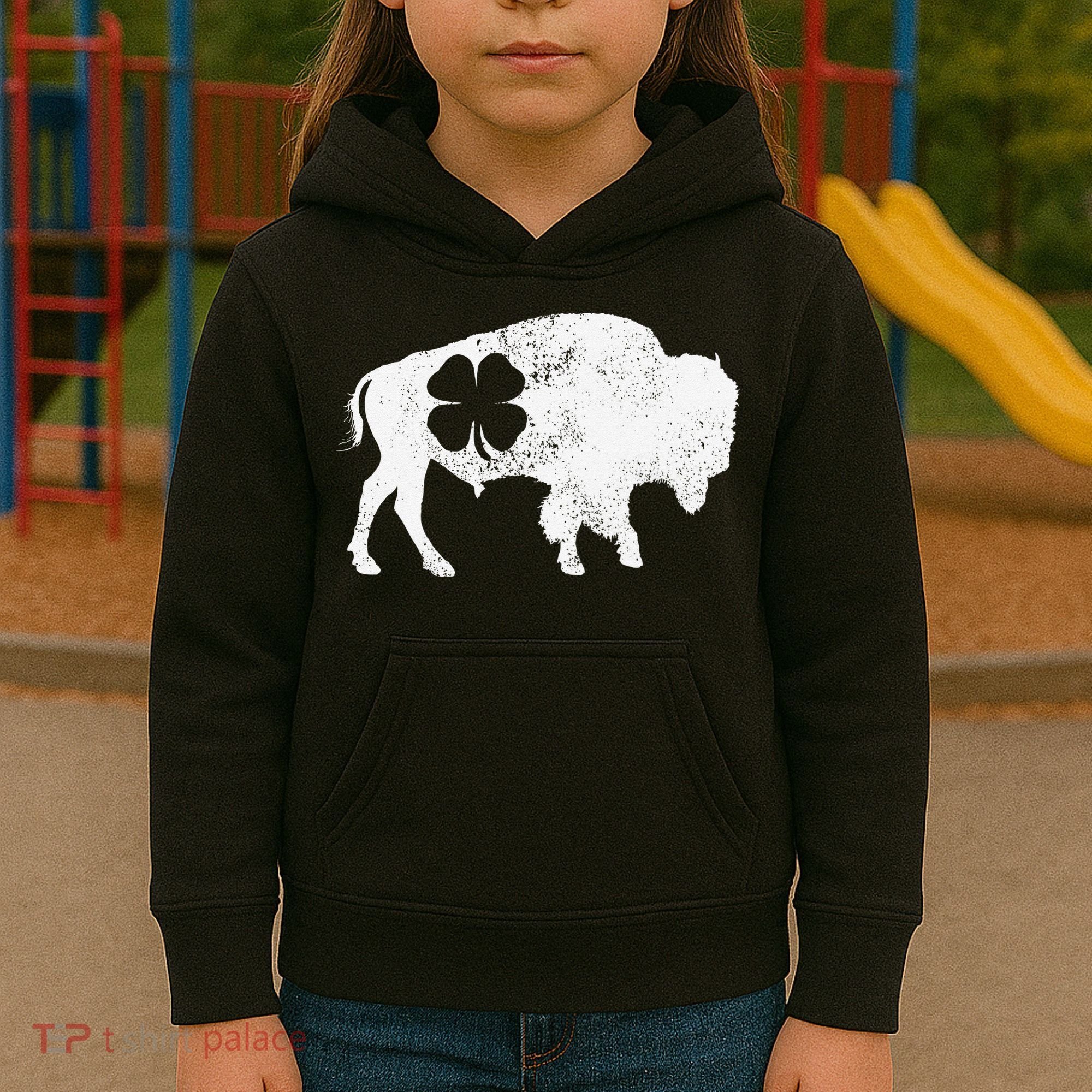 St Patrick's Day Green Shamrock Buffalo Bison Irish Saint Funny Kids Hoodie