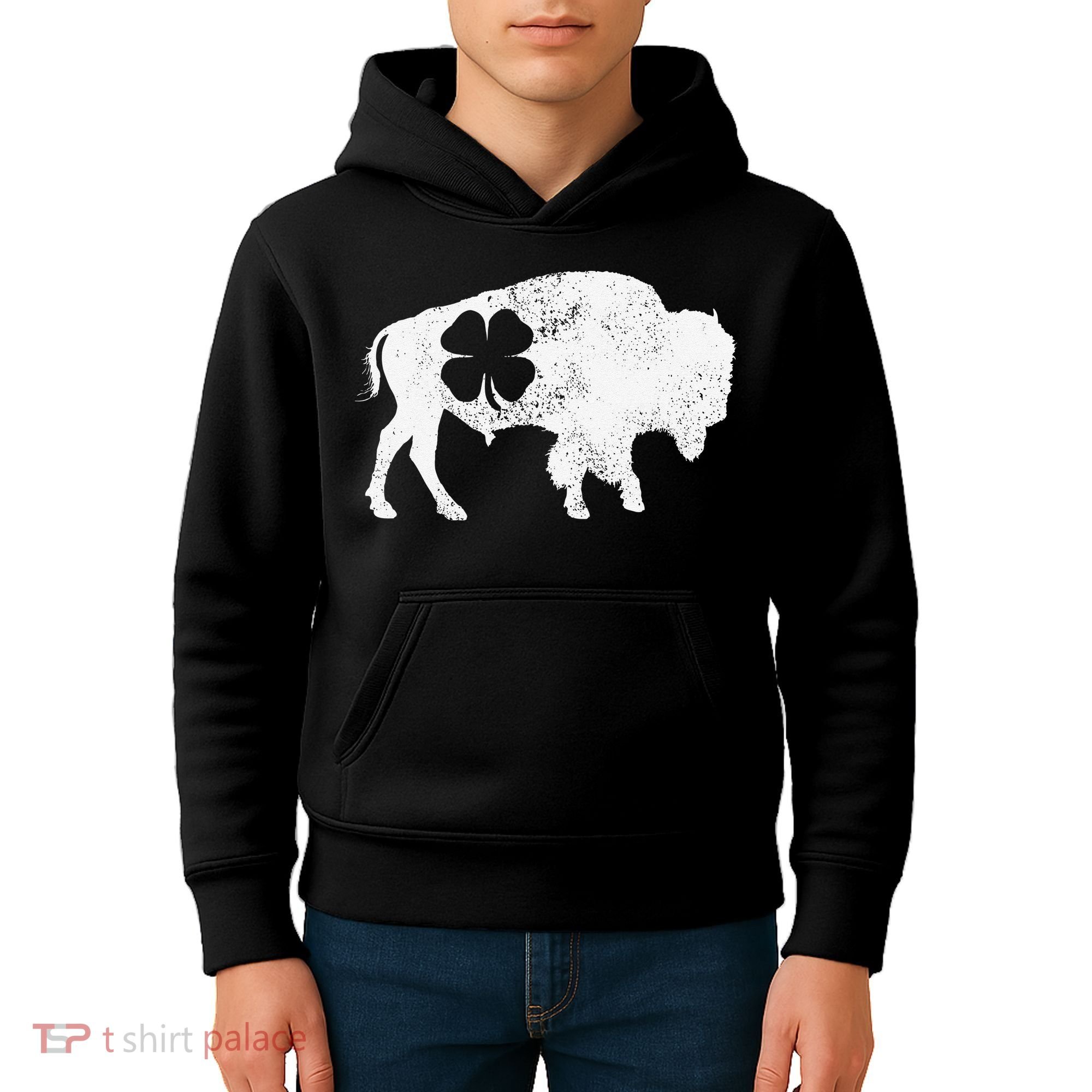 St Patrick's Day Green Shamrock Buffalo Bison Irish Saint Funny Kids Hoodie