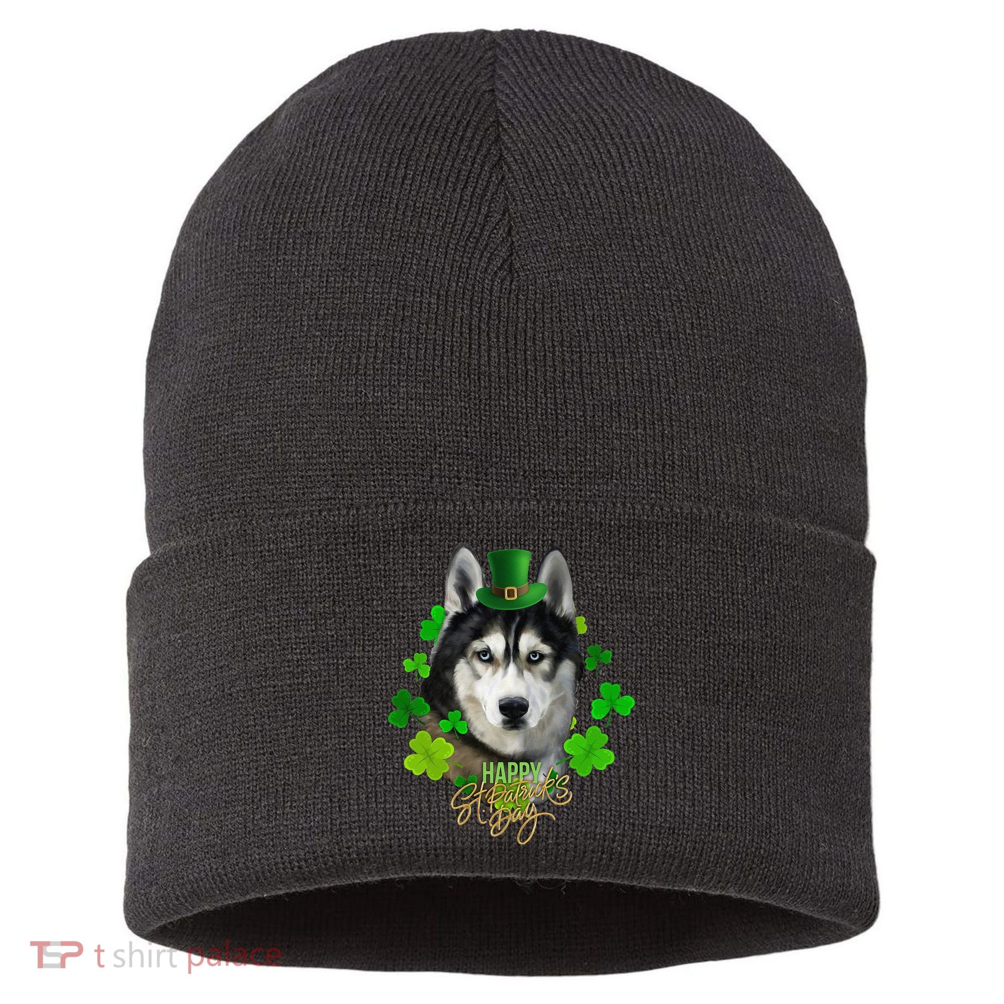 St Patrick's Day Irish Saint Patrick Shamrock Furious Husky Sustainable Knit Beanie