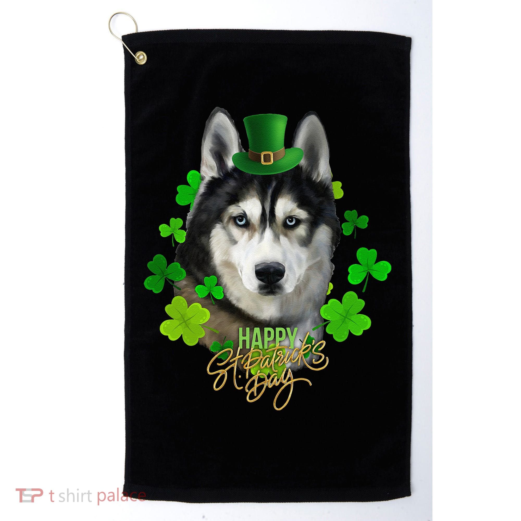 St Patrick's Day Irish Saint Patrick Shamrock Furious Husky Golf Towel