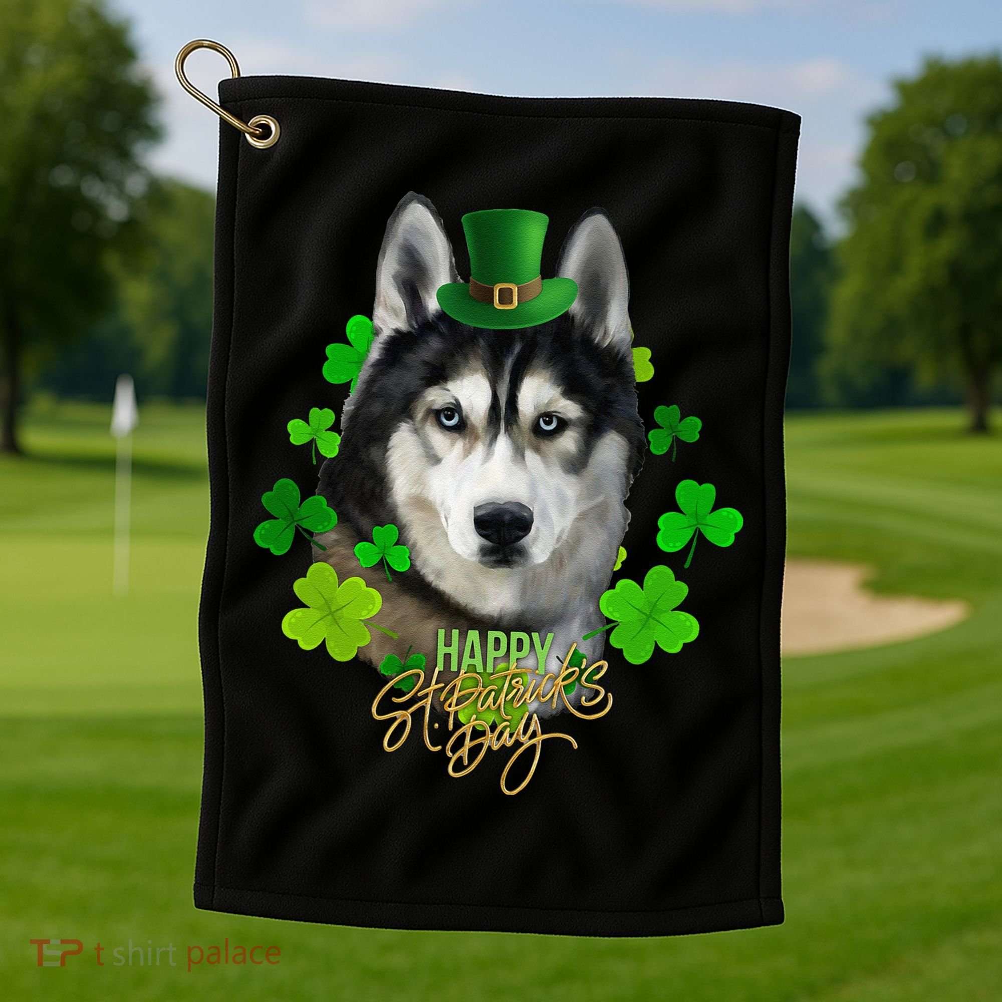 St Patrick's Day Irish Saint Patrick Shamrock Furious Husky Golf Towel