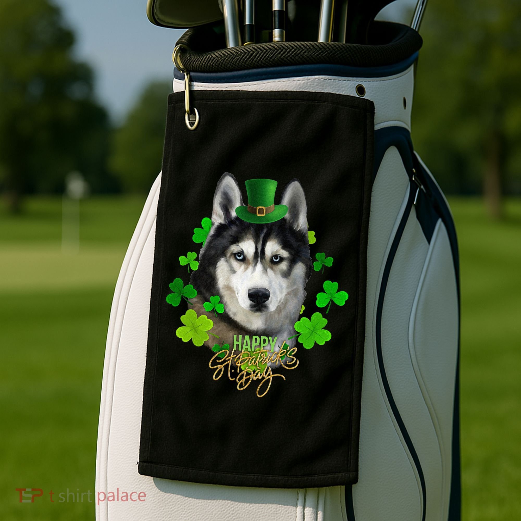 St Patrick's Day Irish Saint Patrick Shamrock Furious Husky Golf Towel