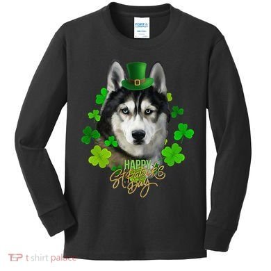 St Patrick's Day Irish Saint Patrick Shamrock Furious Husky Kids Long Sleeve Shirt