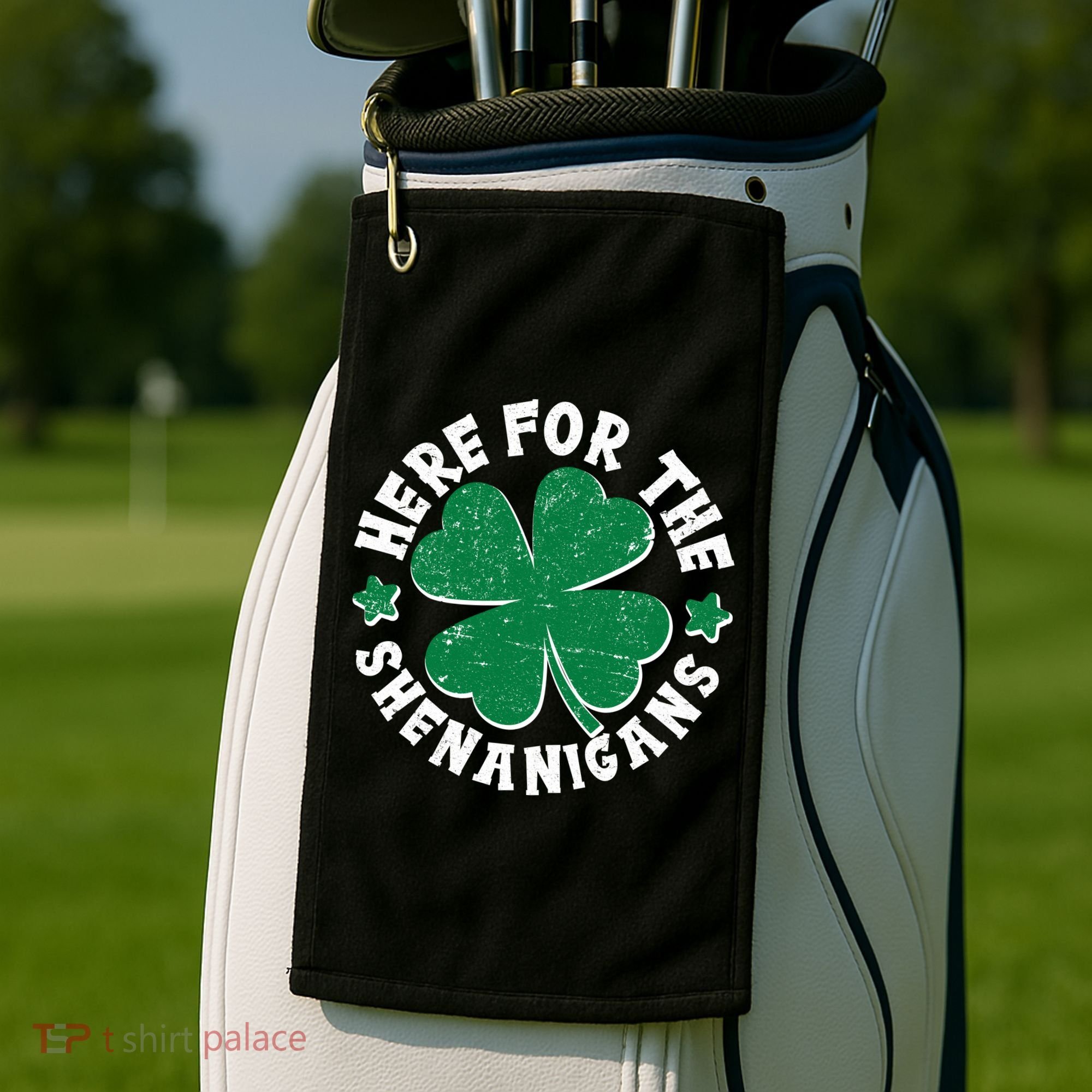 St Patricks Day Here For The Shenanigans Lucky Shamrock Clover Golf Towel