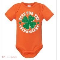 St Patricks Day Here For The Shenanigans Lucky Shamrock Clover Baby Bodysuit thumb 0