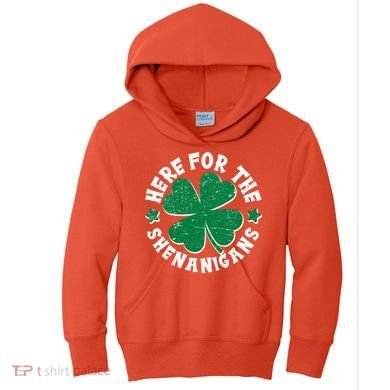 St Patricks Day Here For The Shenanigans Lucky Shamrock Clover Kids Hoodie