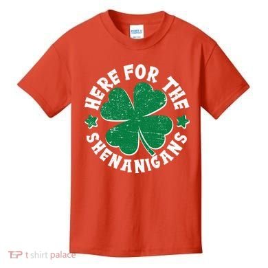 St Patricks Day Here For The Shenanigans Lucky Shamrock Clover Kids T-Shirt