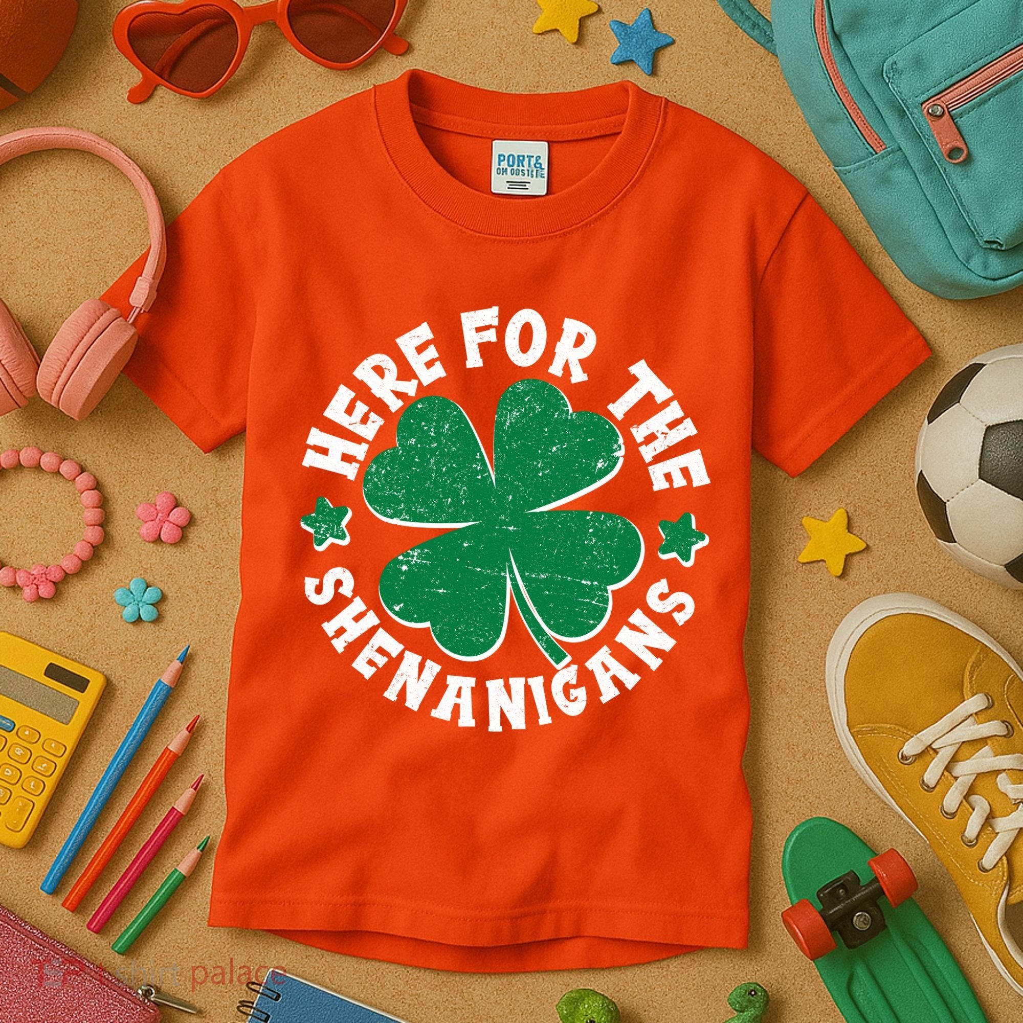 St Patricks Day Here For The Shenanigans Lucky Shamrock Clover Kids T-Shirt